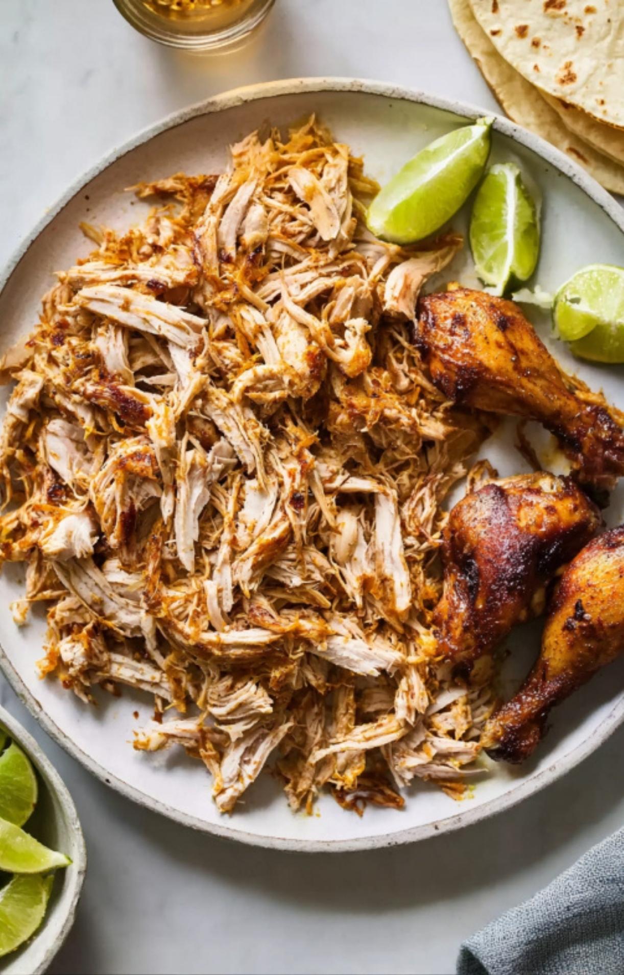 A large plate of juicy, shredded roasted chicken served with fresh lime wedges and warm tortillas on the side.