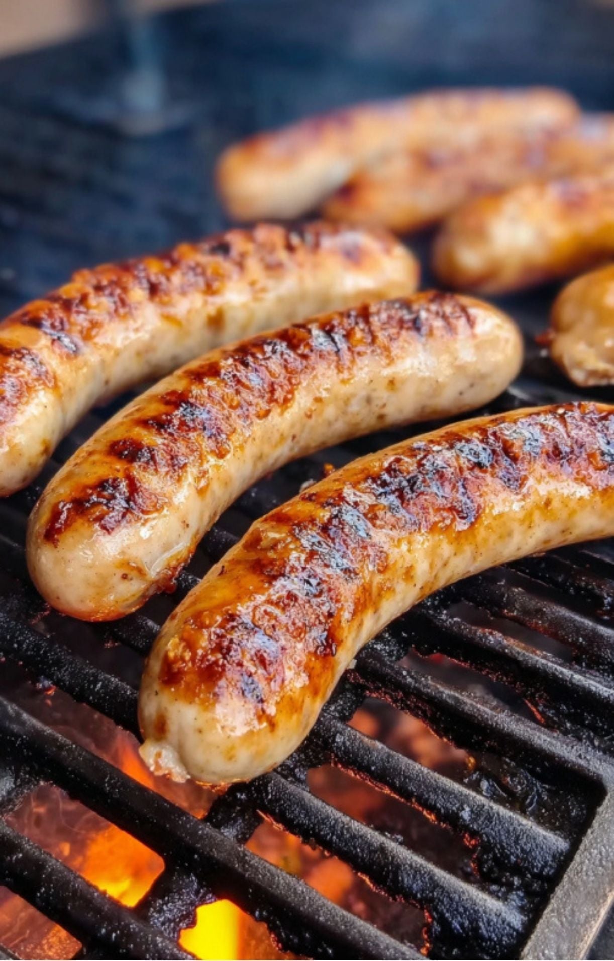 Four Smoked Beer Brats being seared over an open flame on grill grates, showing distinct char marks.