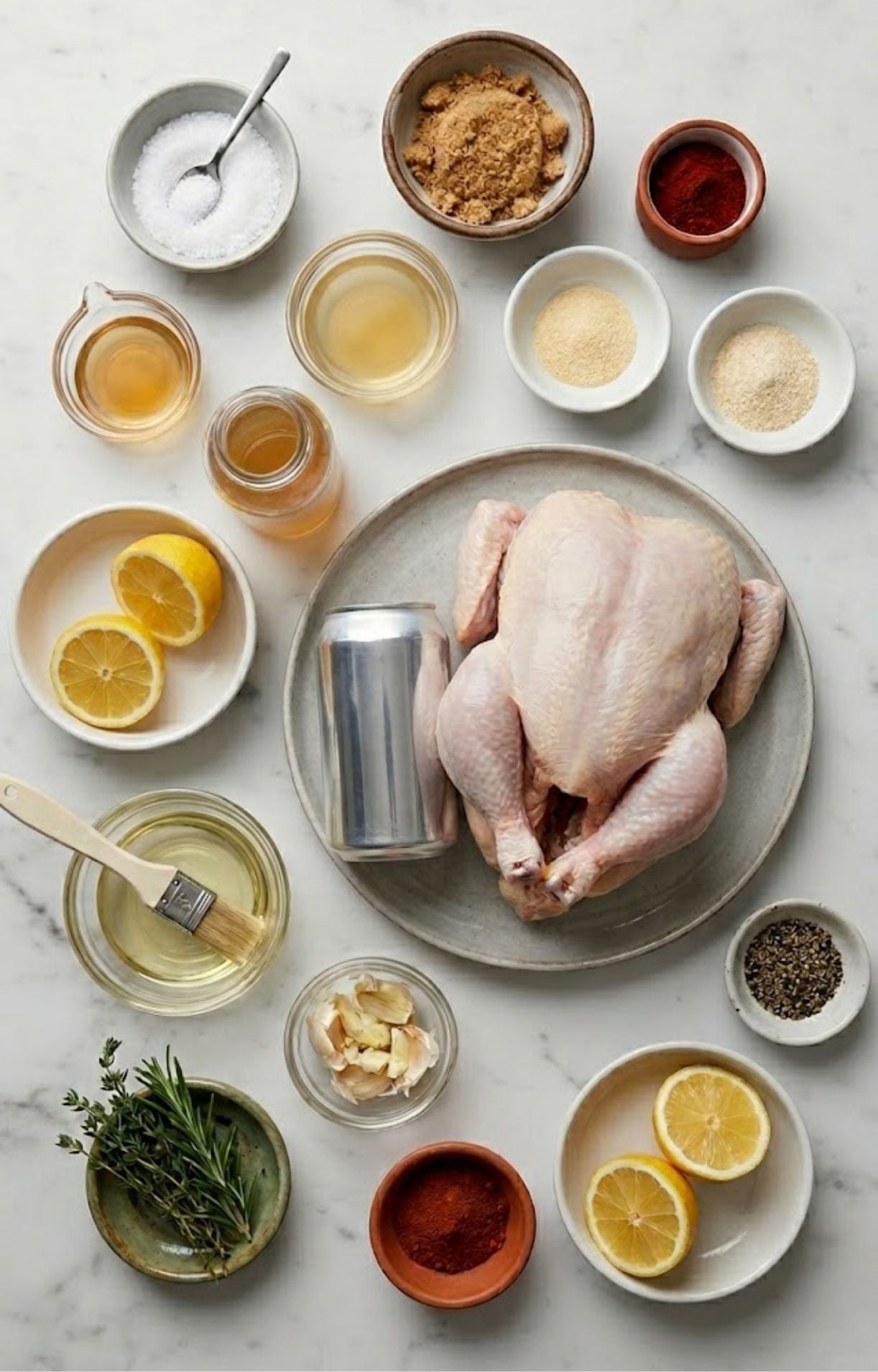 A top-down view of a raw whole chicken, a silver beer can, lemons, garlic, fresh herbs, and various spices in small bowls.