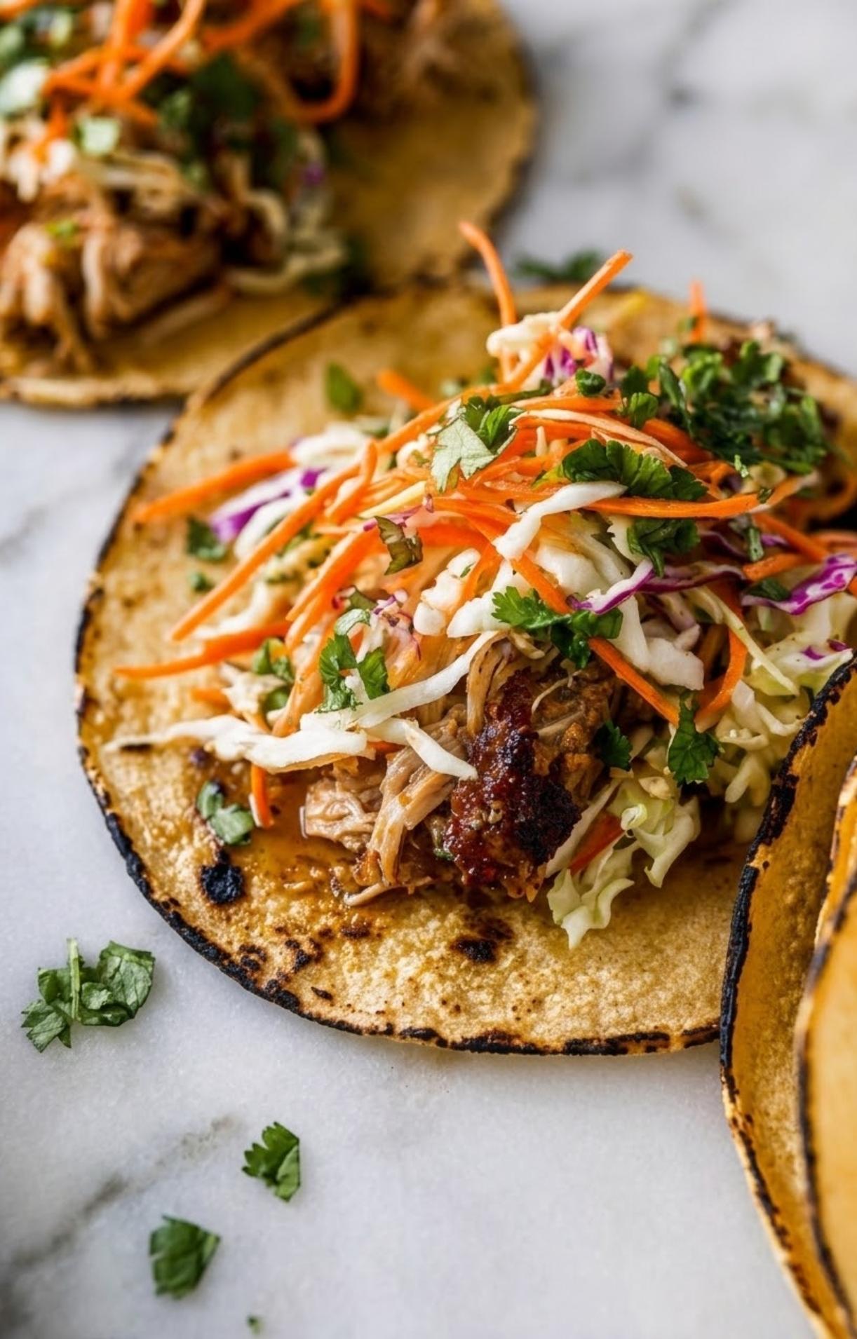 A macro shot of a single beer can chicken taco showing the texture of the seasoned meat, melted juices, and crunchy slaw.