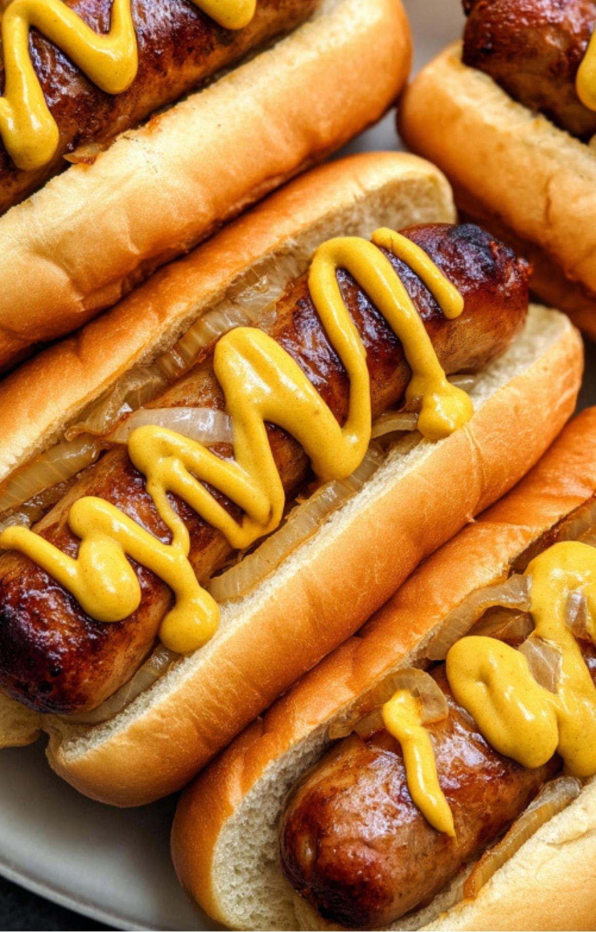A close-up, angled view of three Smoked Beer Brats lined up, showcasing the soft buns and mustard topping.