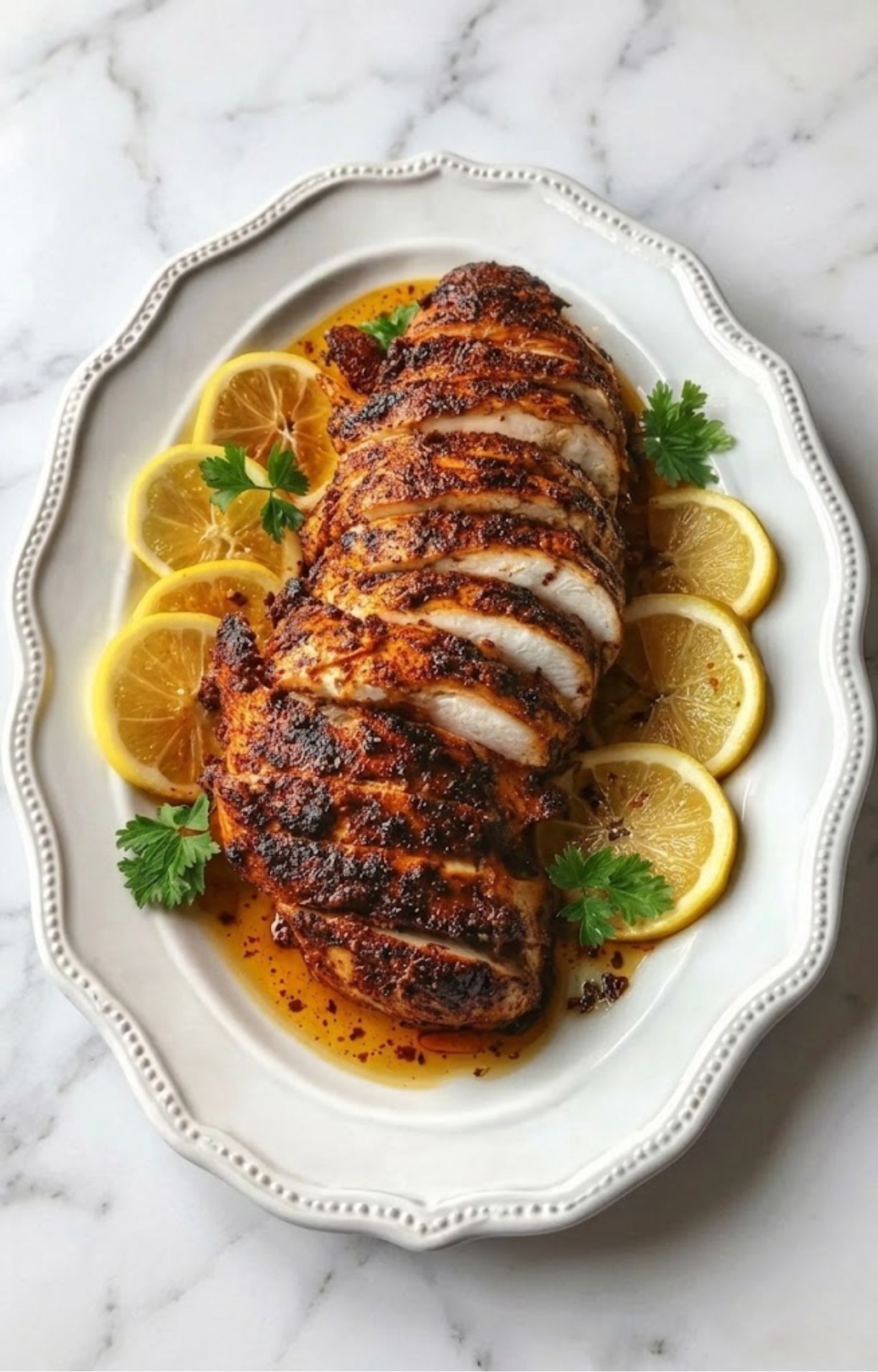A white platter featuring a sliced, seasoned chicken breast garnished with lemon slices and fresh parsley.