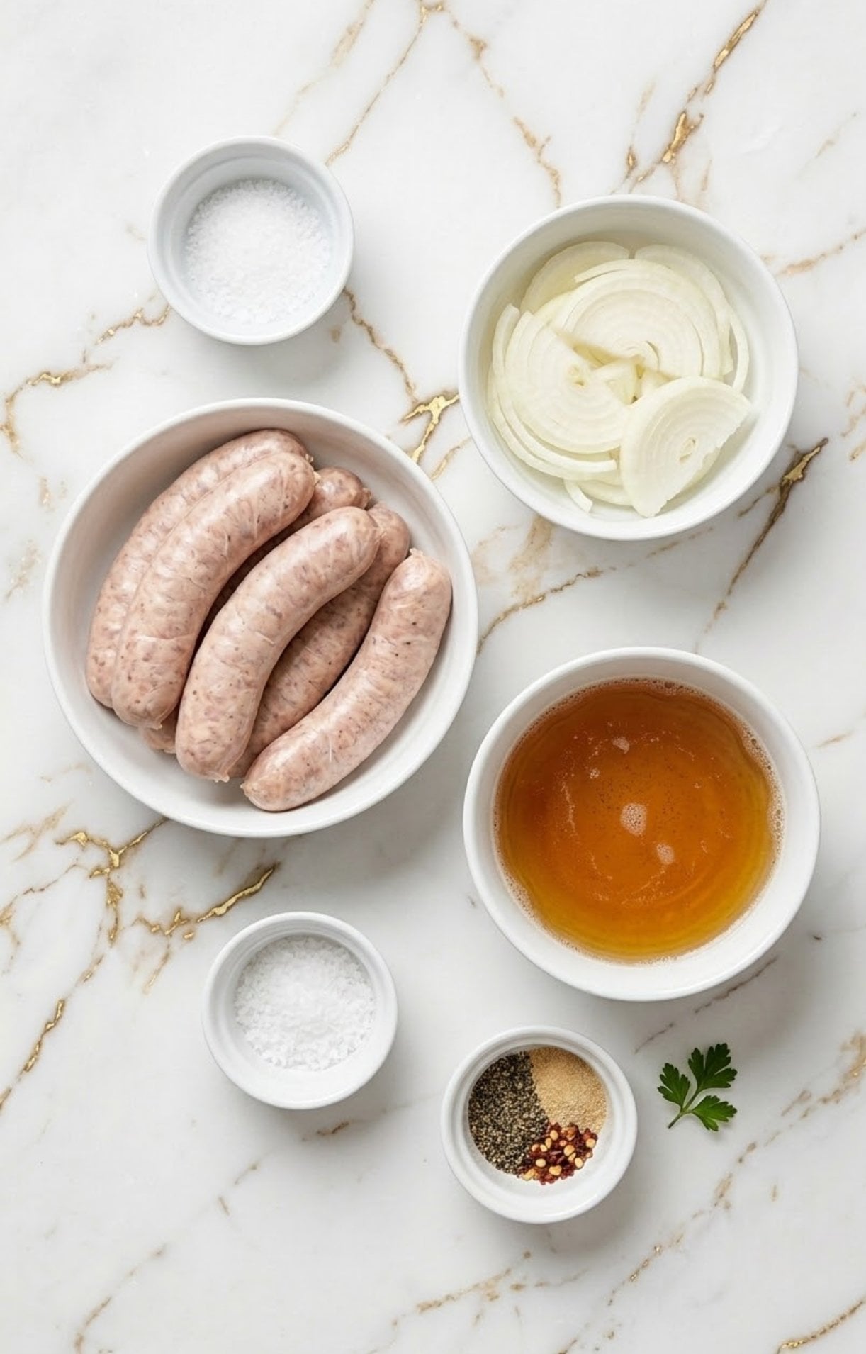 A top-down marble tabletop view of raw bratwurst sausages, sliced onions, a bowl of beer, salt, and a spice blend of red pepper flakes and black pepper.