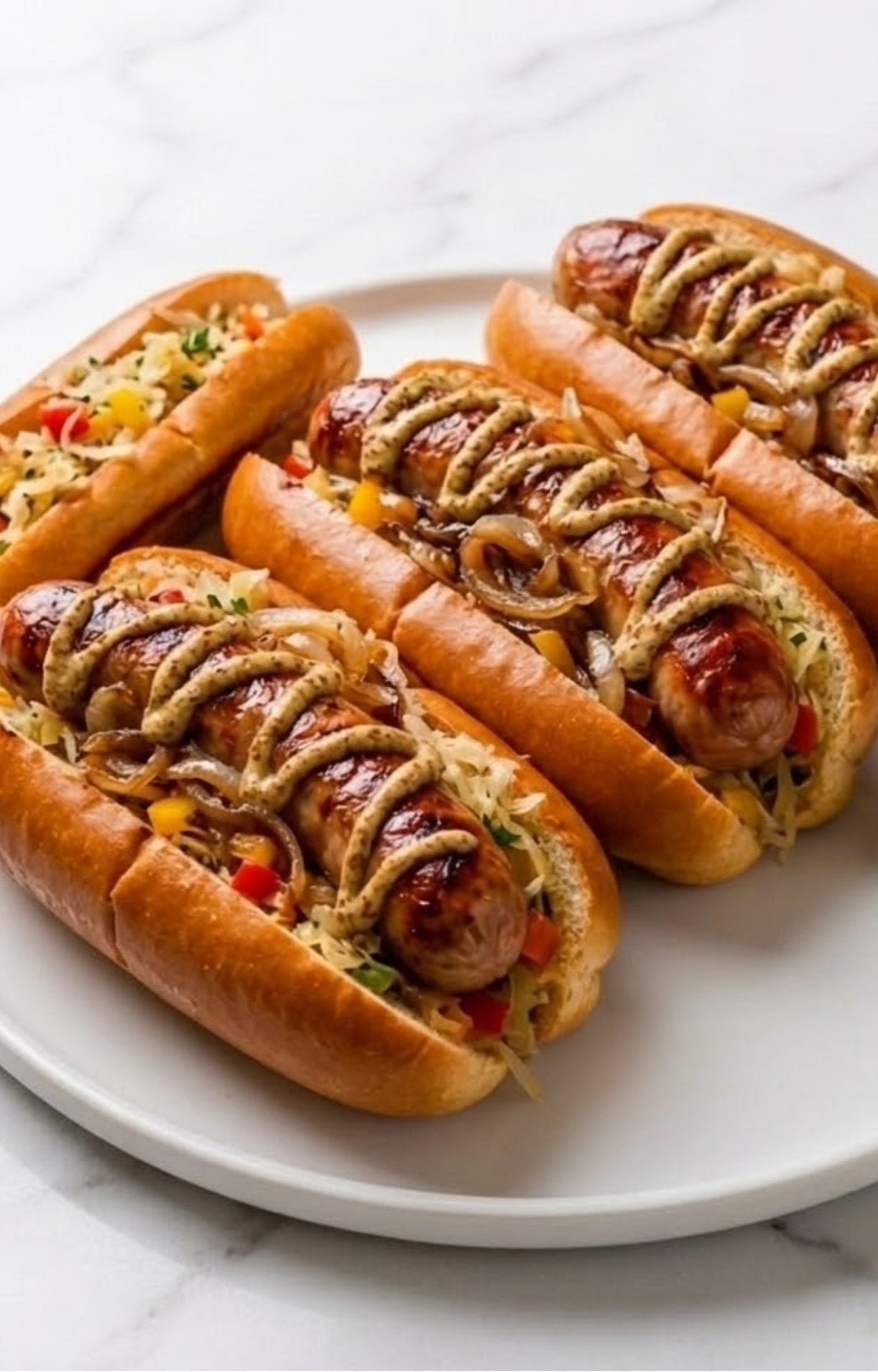 Four bratwurst sandwiches in toasted buns topped with whole grain mustard, caramelized onions, and sauerkraut on a white platter.