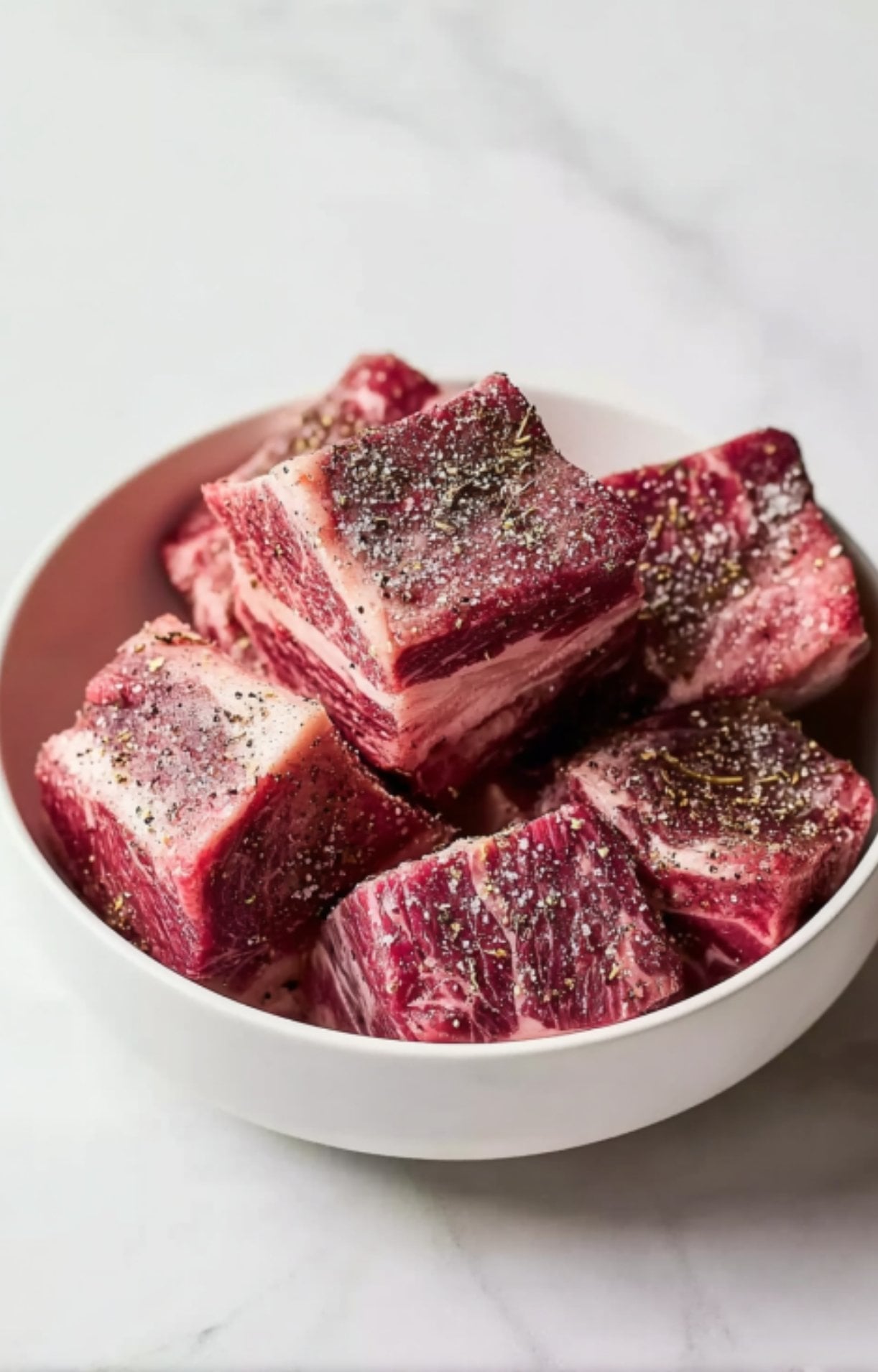 Large, marbled cubes of raw beef cheek in a white bowl, generously seasoned with coarse salt, cracked black pepper, and dried herbs.