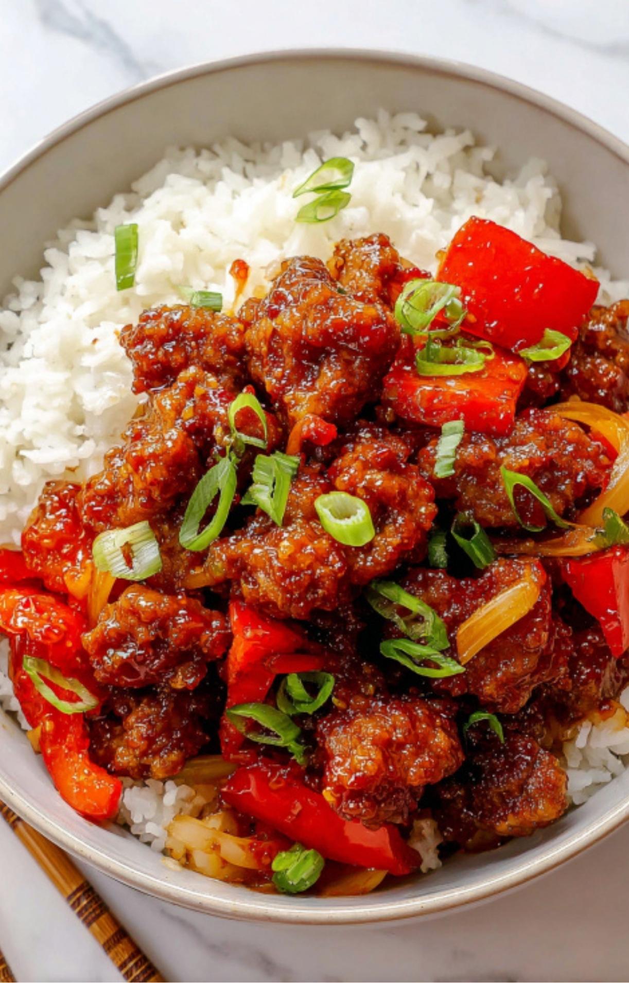 A close-up bowl of crispy Beijing beef with red bell peppers and green onions served over a bed of fluffy white steamed rice.