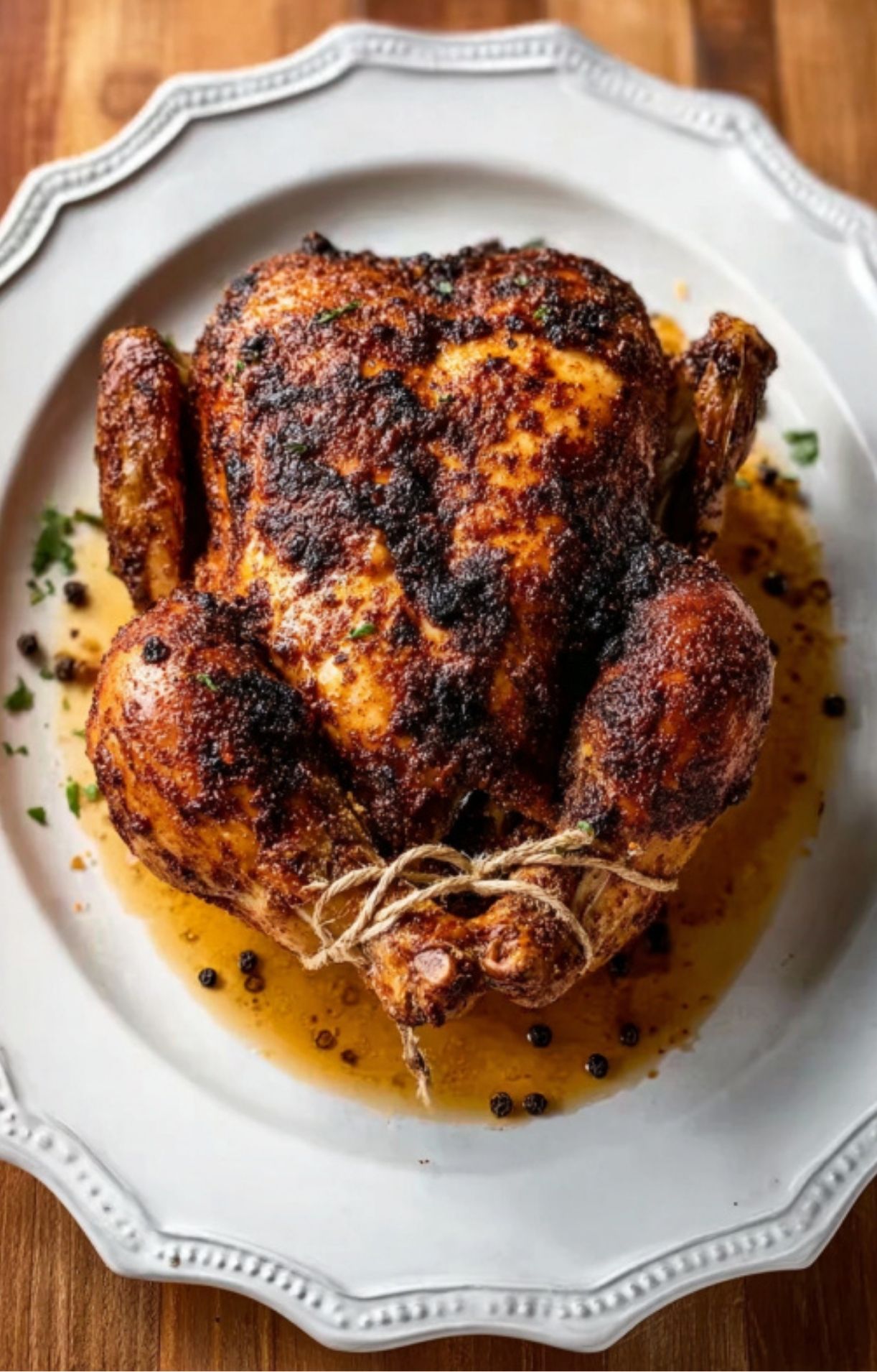 A whole roasted chicken resting on a white decorative platter, tied with twine and surrounded by pan juices and peppercorns.