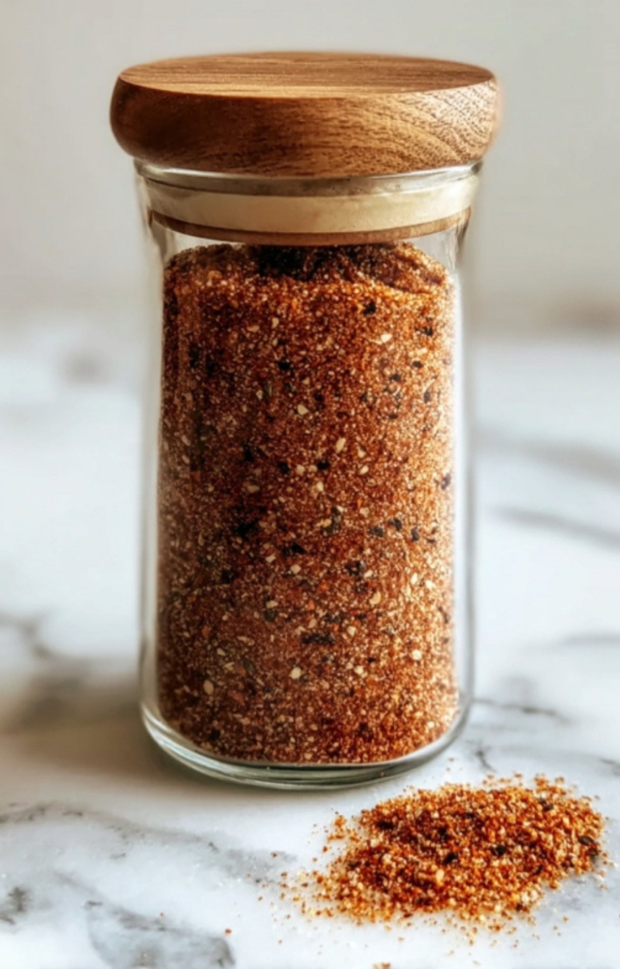 A tall glass spice jar with a wooden lid filled with the Easy Beer Can Chicken Rub, sitting next to a small pile of the seasoning on a marble counter.