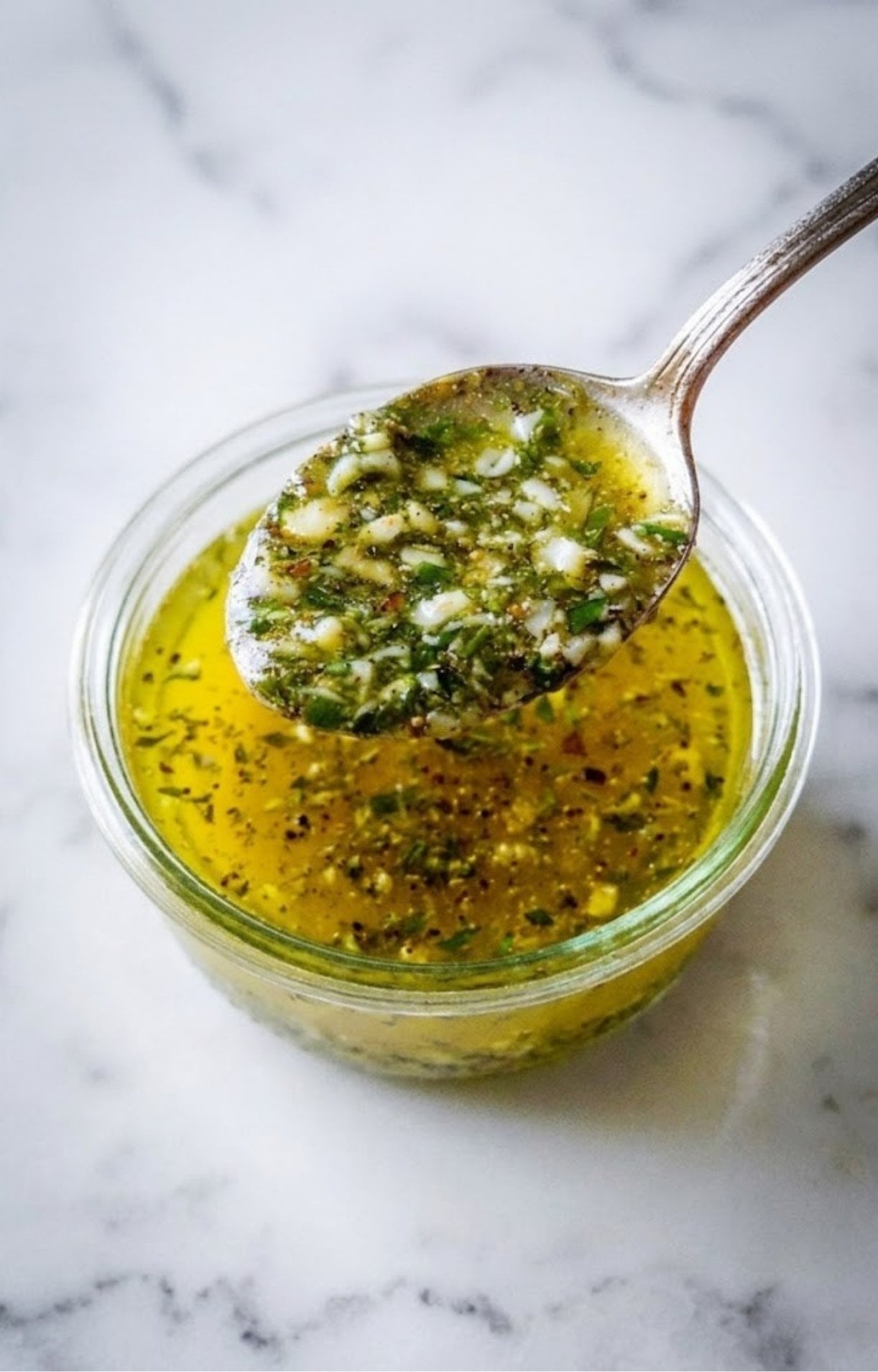 A silver spoon lifting a thick garlic and herb oil marinade from a small glass jar, showing bits of minced garlic and green herbs.