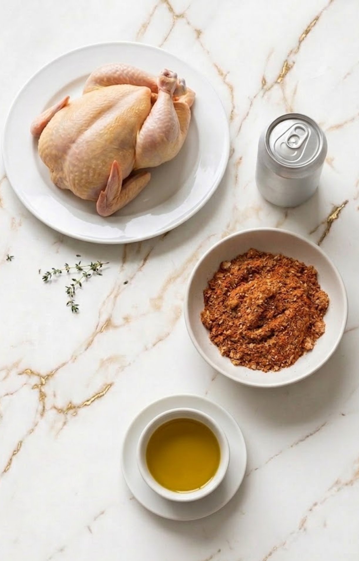 A flat-lay shot of ingredients including a raw chicken, a beer can, olive oil, fresh thyme, and a bowl of dry rub for Weber Beer Can Chicken.