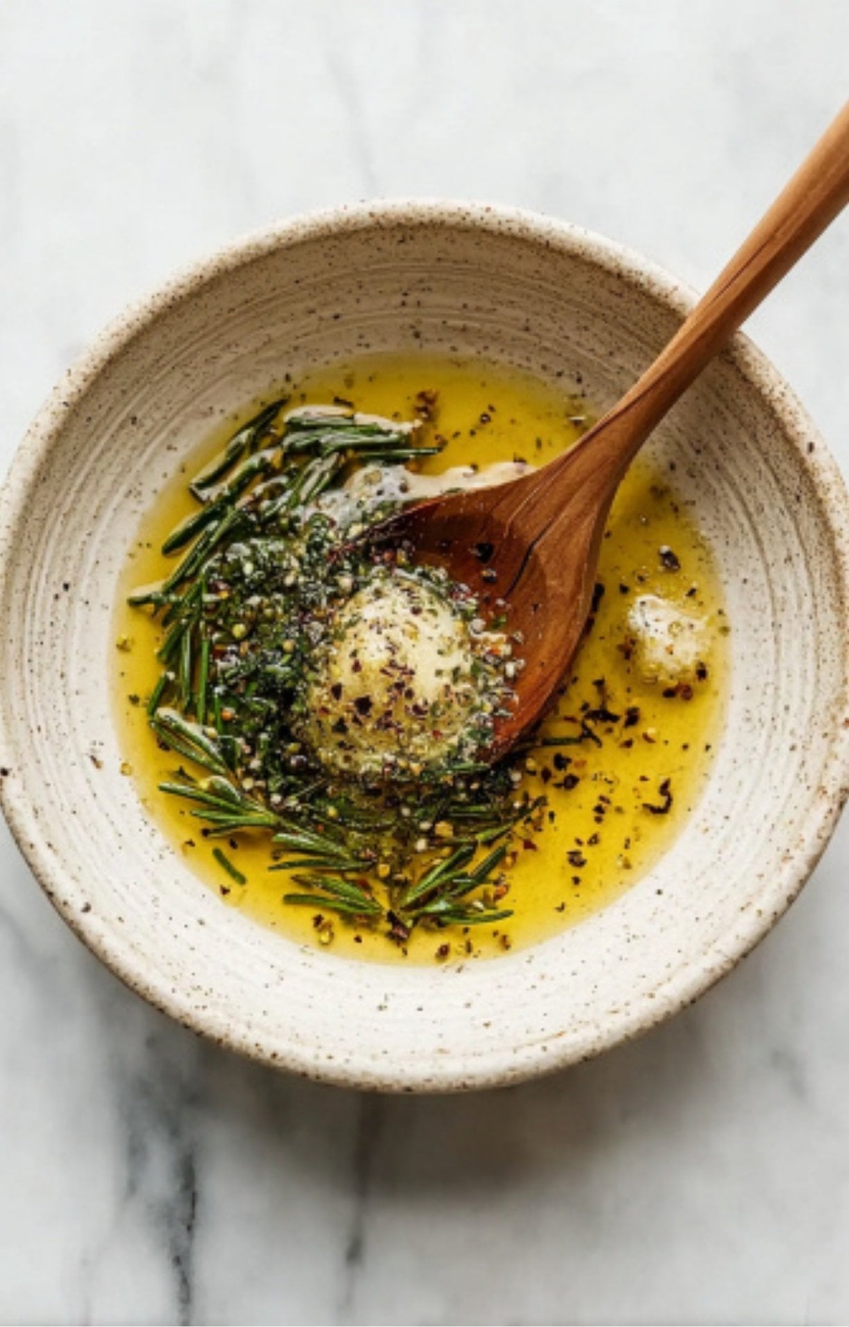 A small ceramic bowl containing olive oil, fresh rosemary sprigs, minced garlic, and red pepper flakes with a wooden spoon.