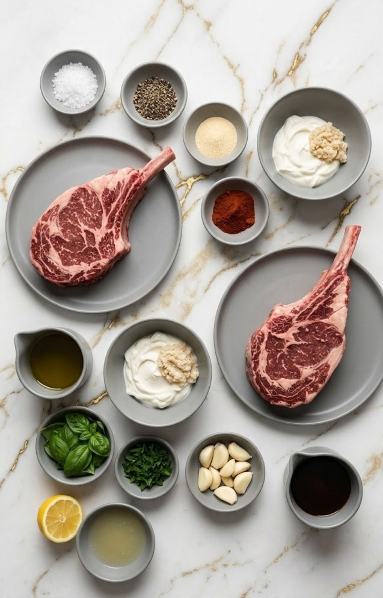 A top-down view of raw tomahawk steaks, garlic cloves, lemon, fresh herbs, spices, and sauces arranged in small grey bowls on a white marble surface.