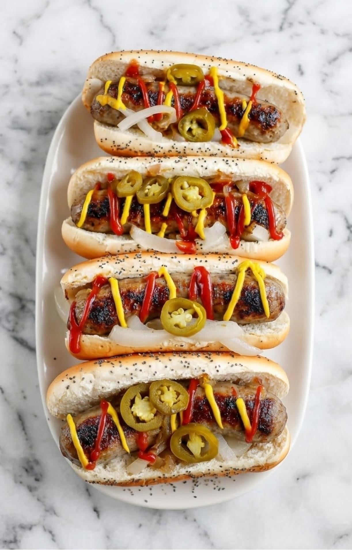 Four bratwurst sandwiches on poppy seed buns topped with jalapeños, onions, mustard, and ketchup on a long white platter.