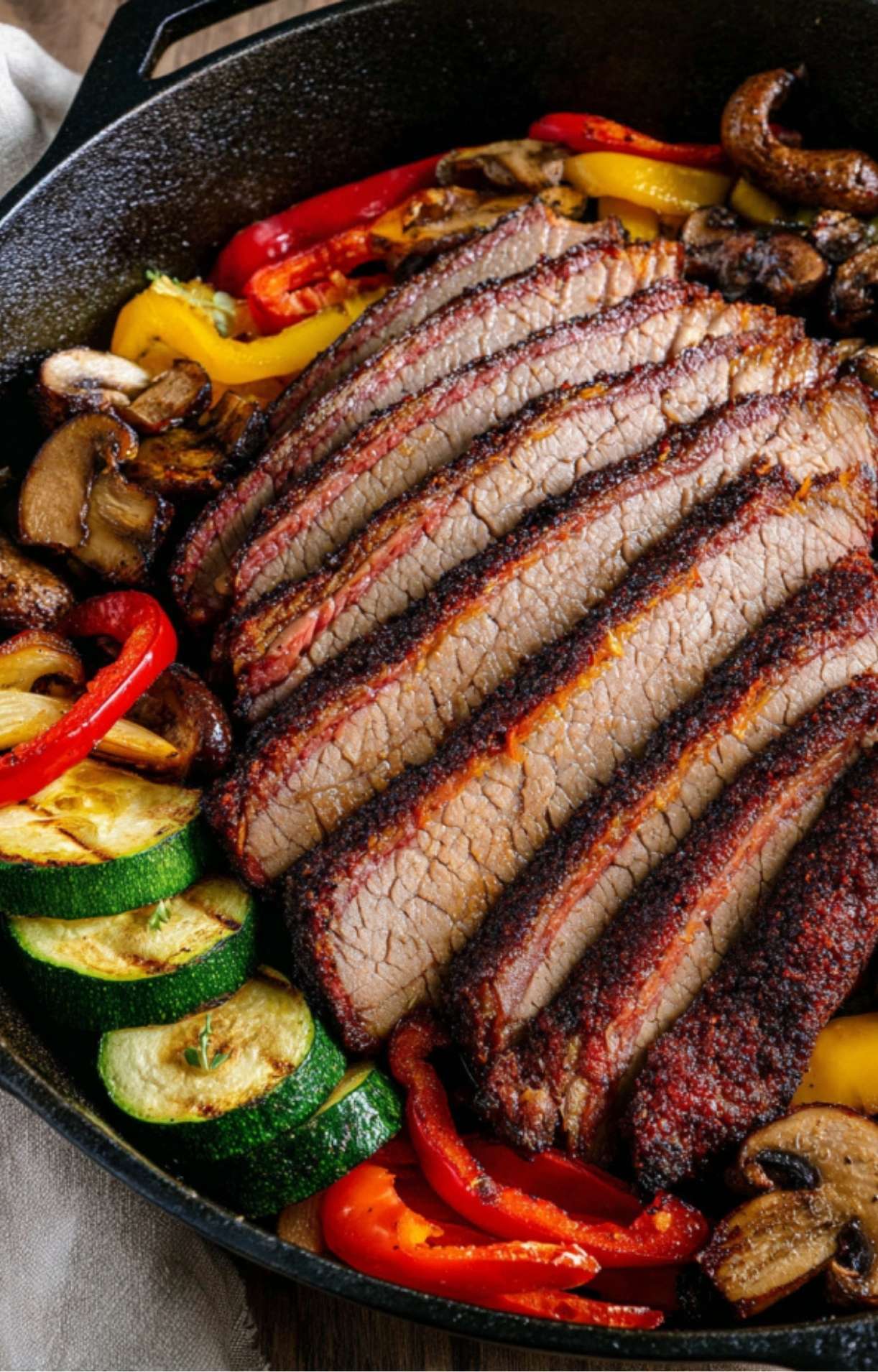 Close-up of sliced, tender beef brisket showing a smoke ring, served with grilled vegetables from an Electric Smoker Beef Brisket.