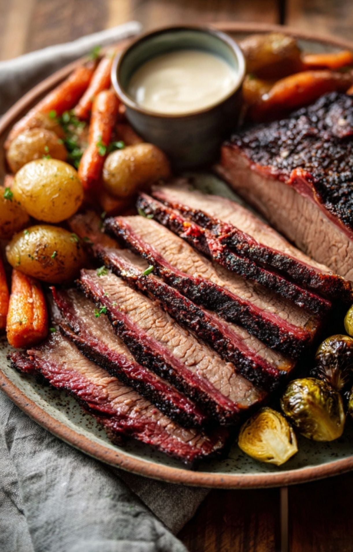 A rustic close-up of sliced smoked brisket served with roasted vegetables and a side of creamy horseradish sauce.