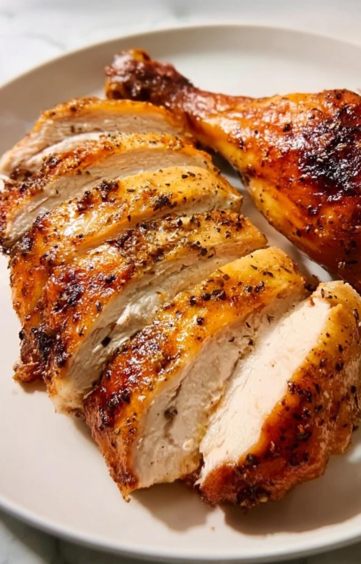 Perfectly sliced pieces of juicy Beer Can Chicken breast and a drumstick arranged on a plate, showing the seasoned crust.