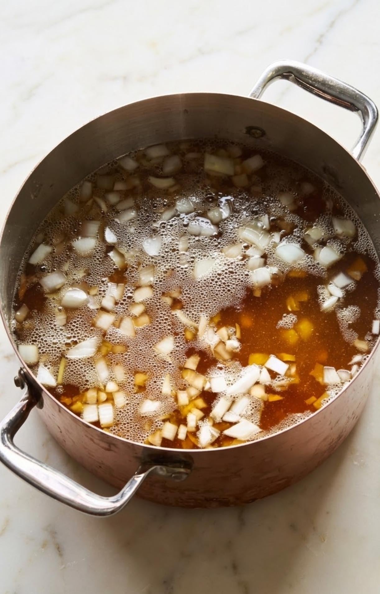 Diced white onions floating in a golden beer broth inside a stainless steel pot, beginning the simmering process for beer brats.