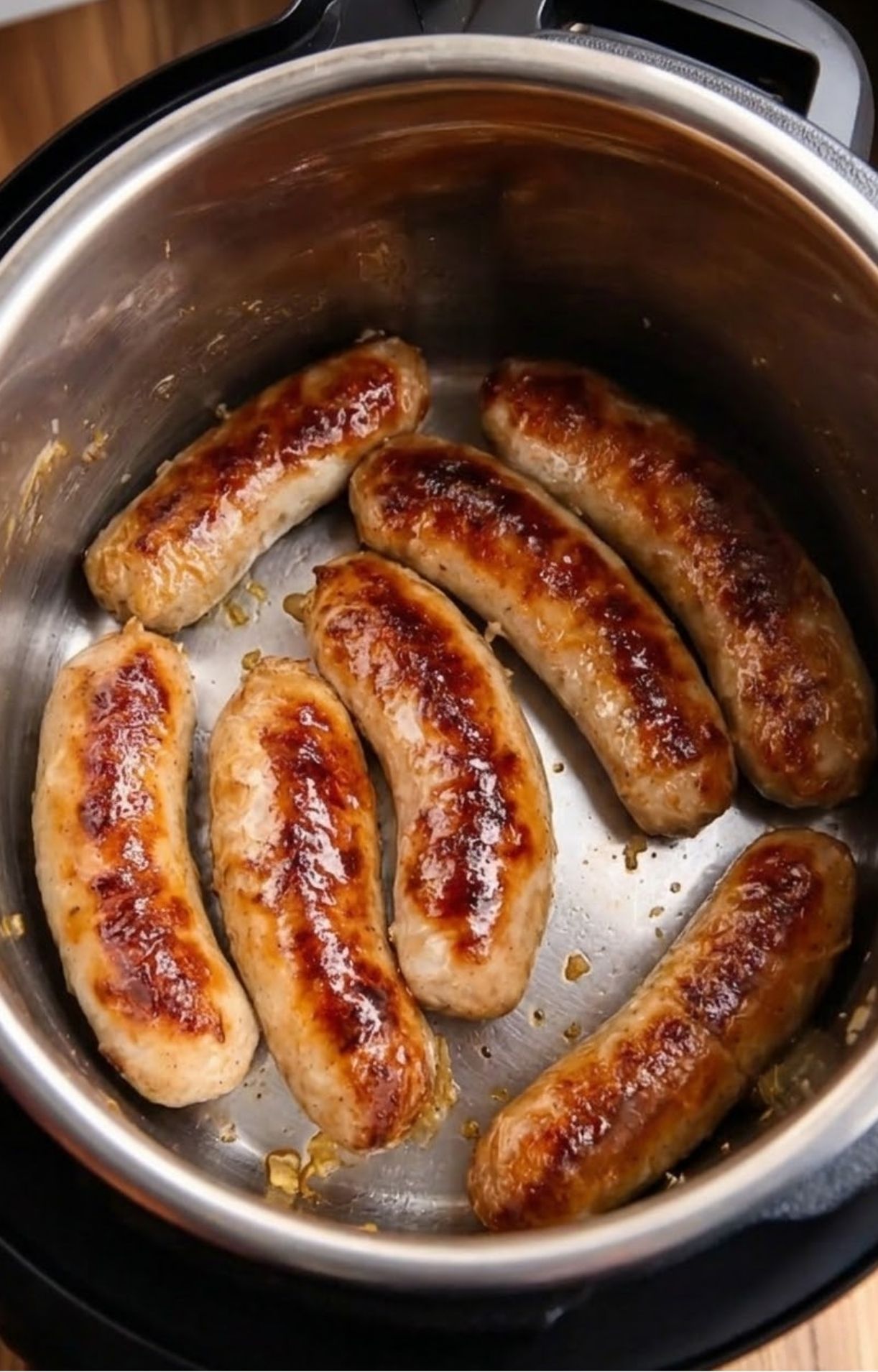 Six bratwurst sausages being seared until golden brown in the bottom of a stainless steel rice cooker inner pot.