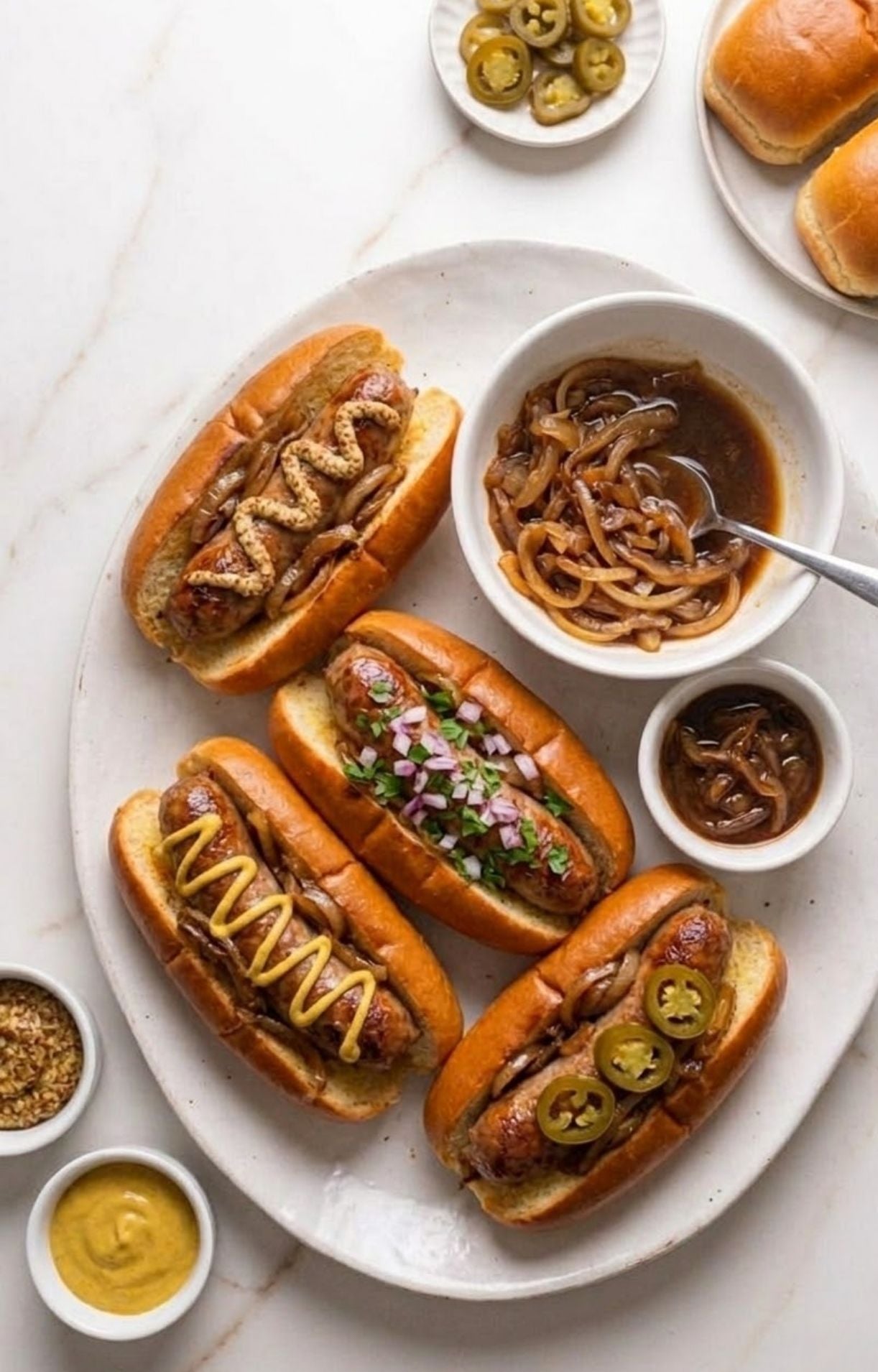 Four beer brats in toasted buns topped with mustard, onions, jalapeños, and herbs.