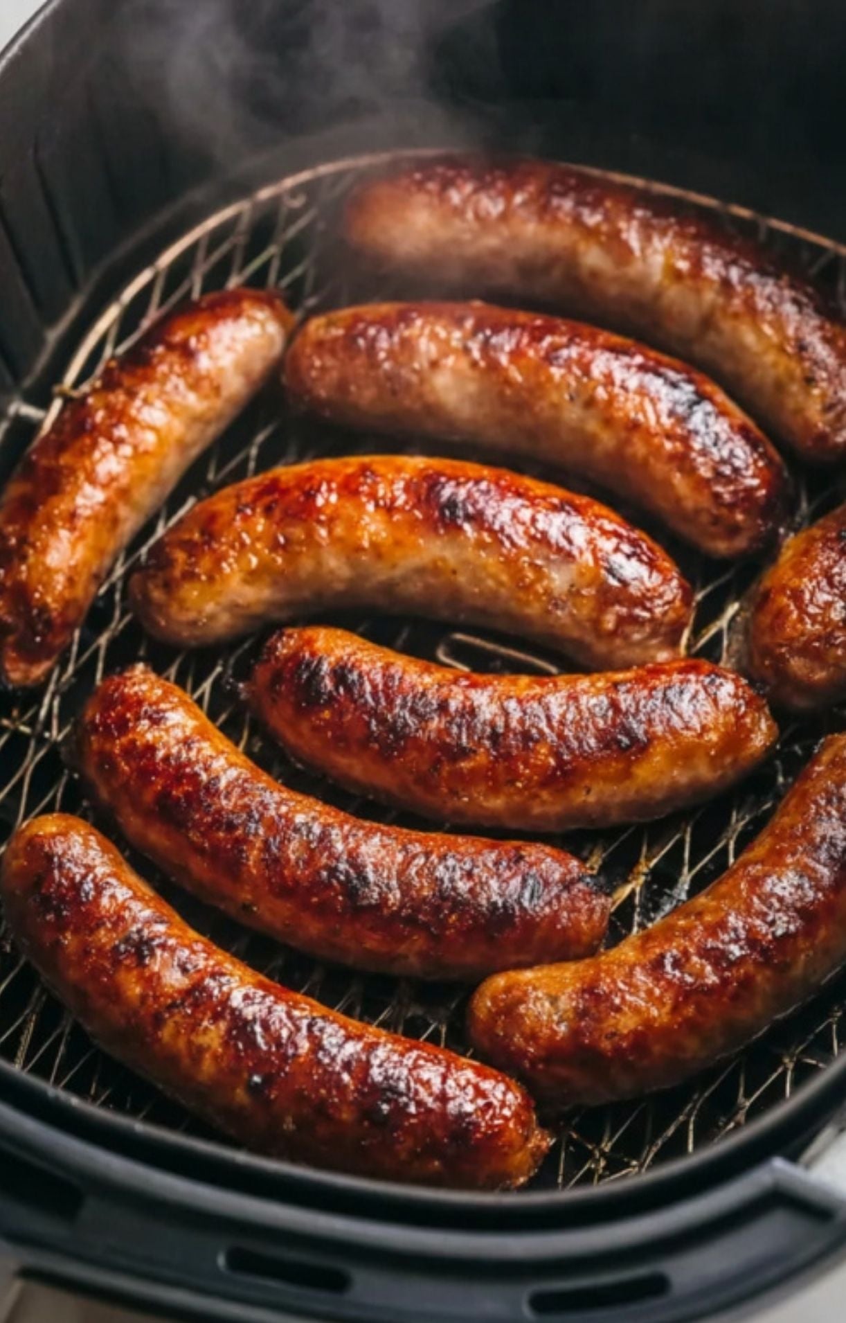 A close-up of steaming, perfectly browned beer brats with a crispy skin inside a black air fryer basket.