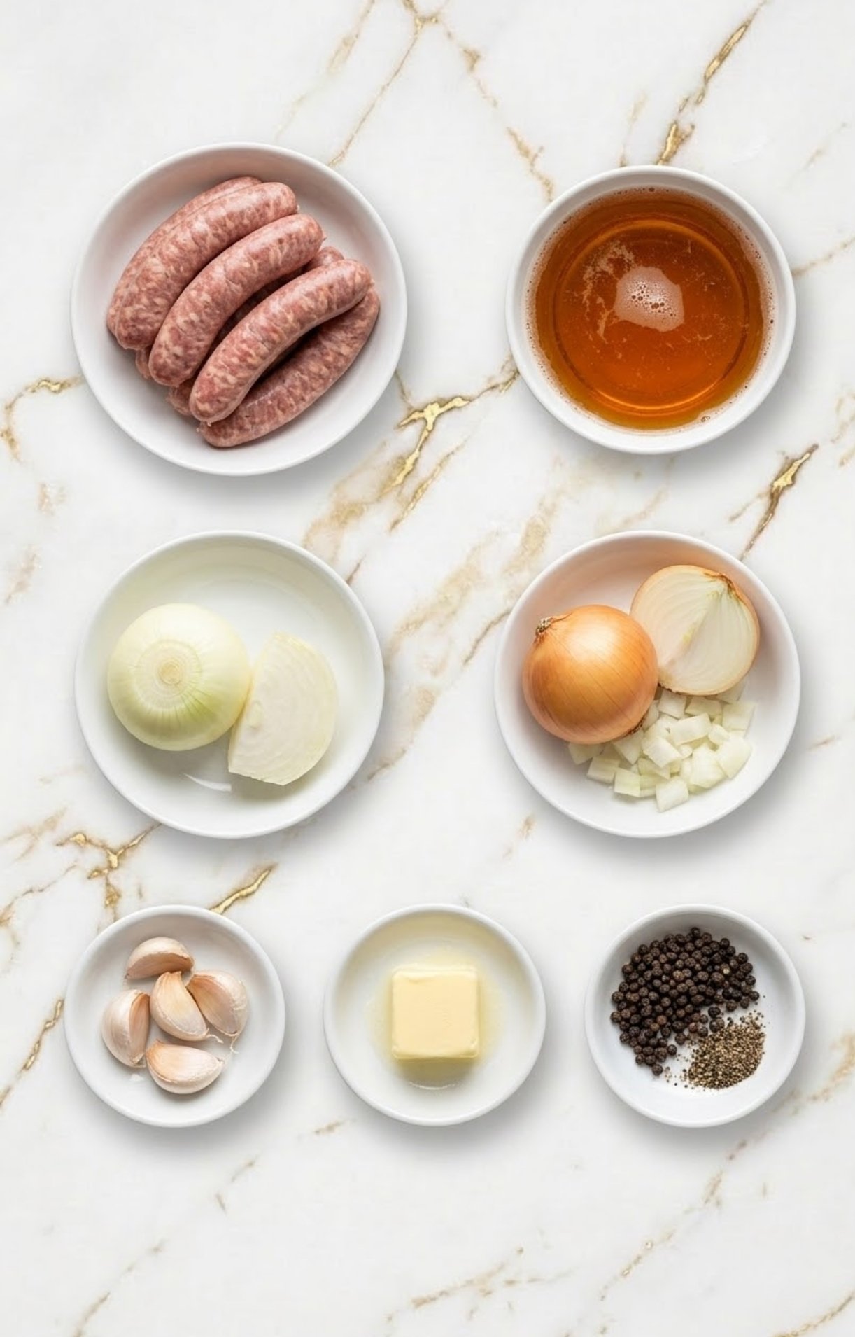 A flat-lay photo on a marble surface showing bowls of raw bratwurst sausages, lager beer, sliced white onions, whole garlic cloves, a pat of butter, and black peppercorns.