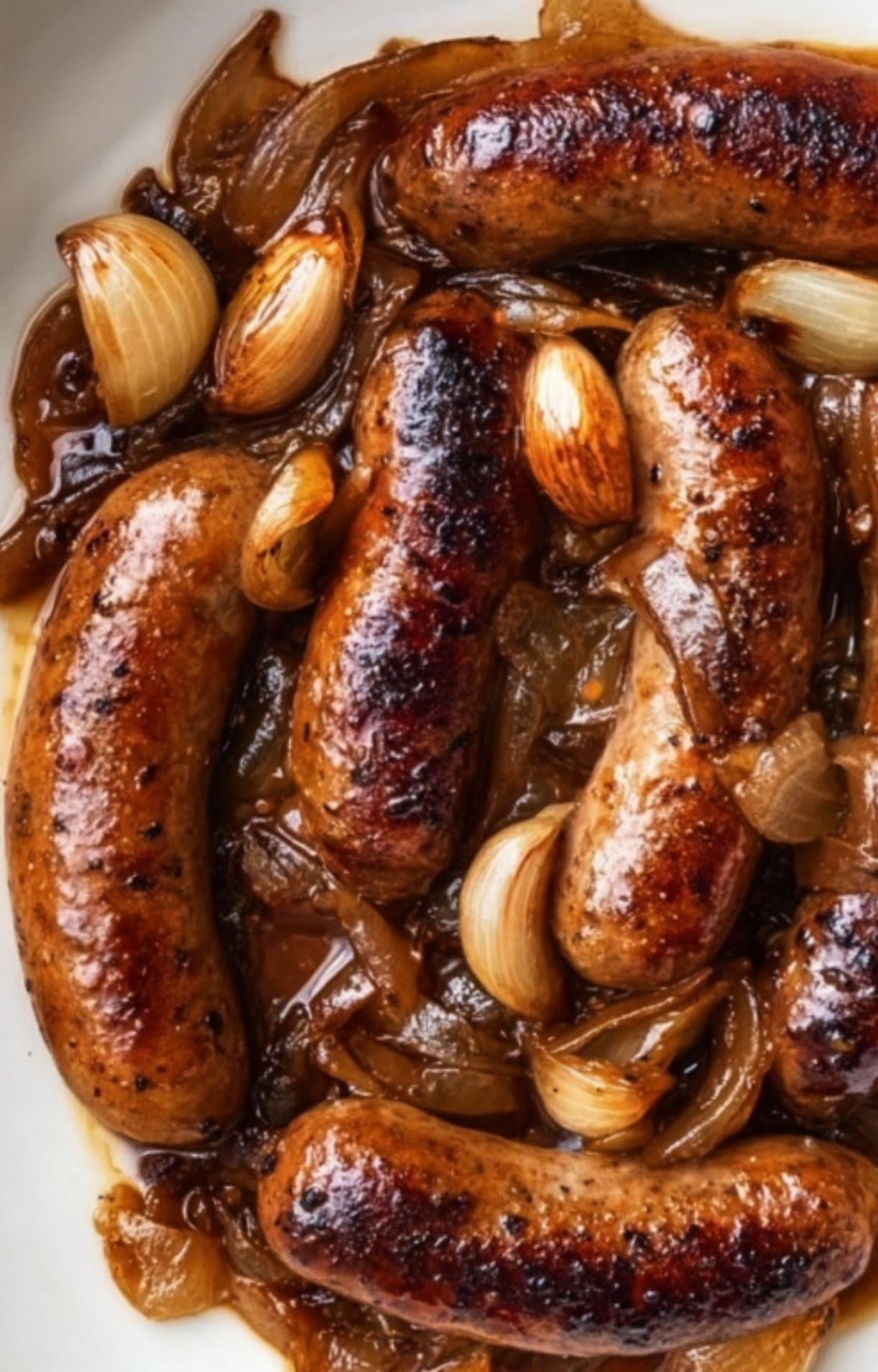A close-up shot of juicy, browned bratwurst sausages smothered in savory, dark caramelized onions and garlic cloves in a rich beer reduction.