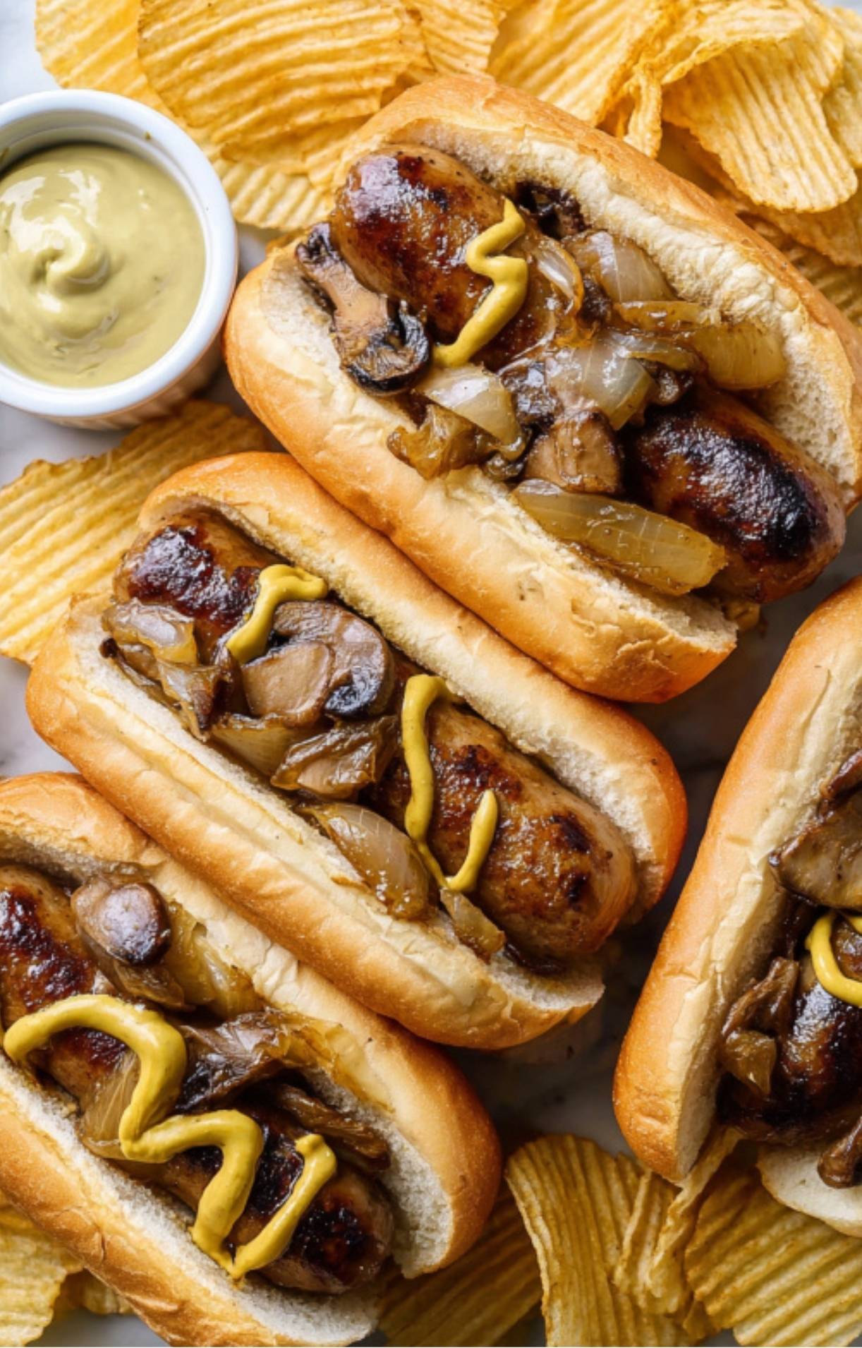 Three toasted buns filled with beer-simmered brats, topped with caramelized onions, sautéed mushrooms, and a swirl of yellow mustard, served with ruffled potato chips.