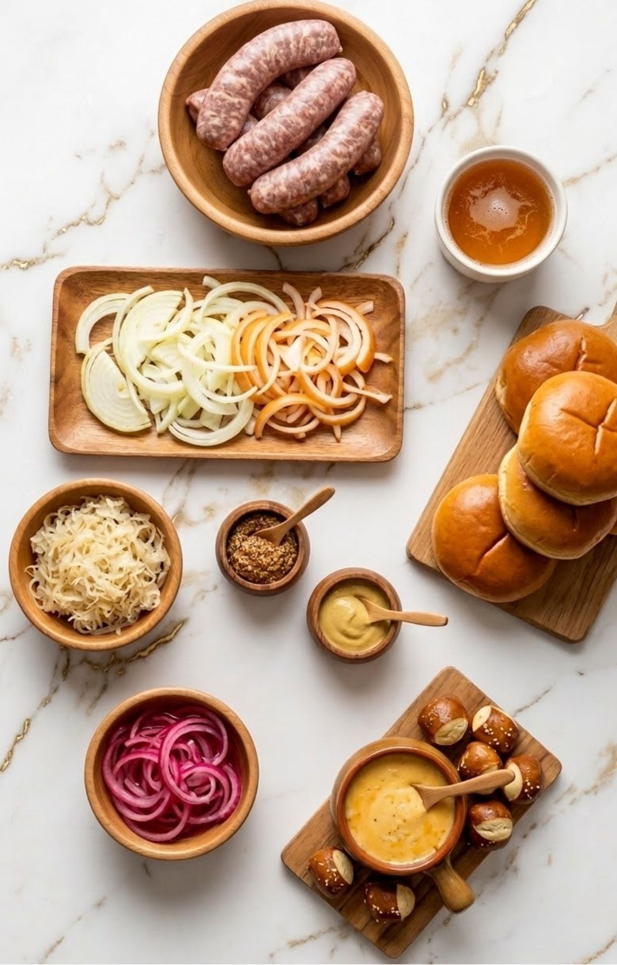 Top-down view of raw bratwurst links, sliced white and yellow onions, sauerkraut, stone-ground mustard, beer, and pretzel buns on a marble surface.
