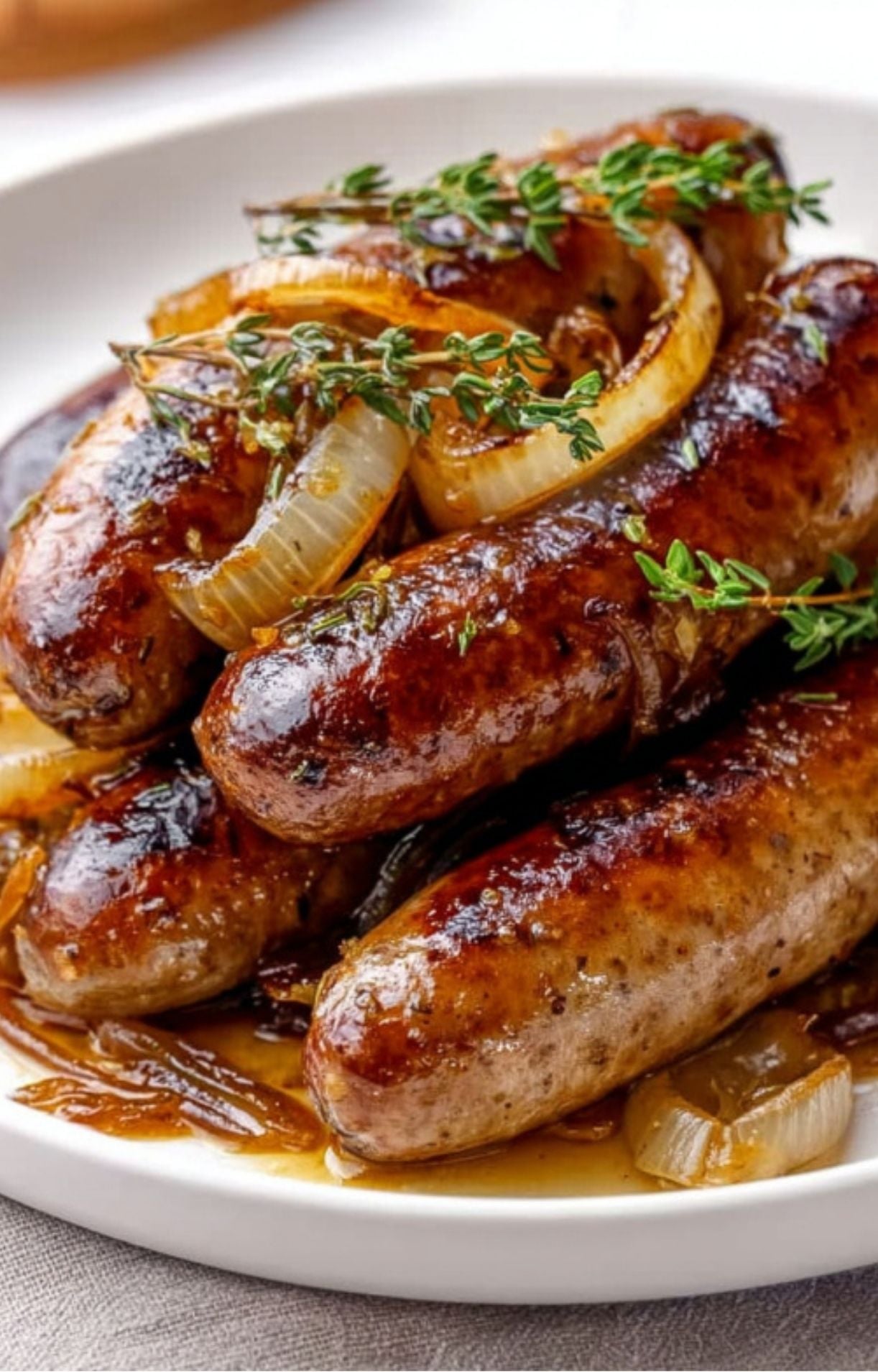 Close-up of juicy, browned beer brats topped with caramelized onions and fresh sprigs of thyme on a white plate.