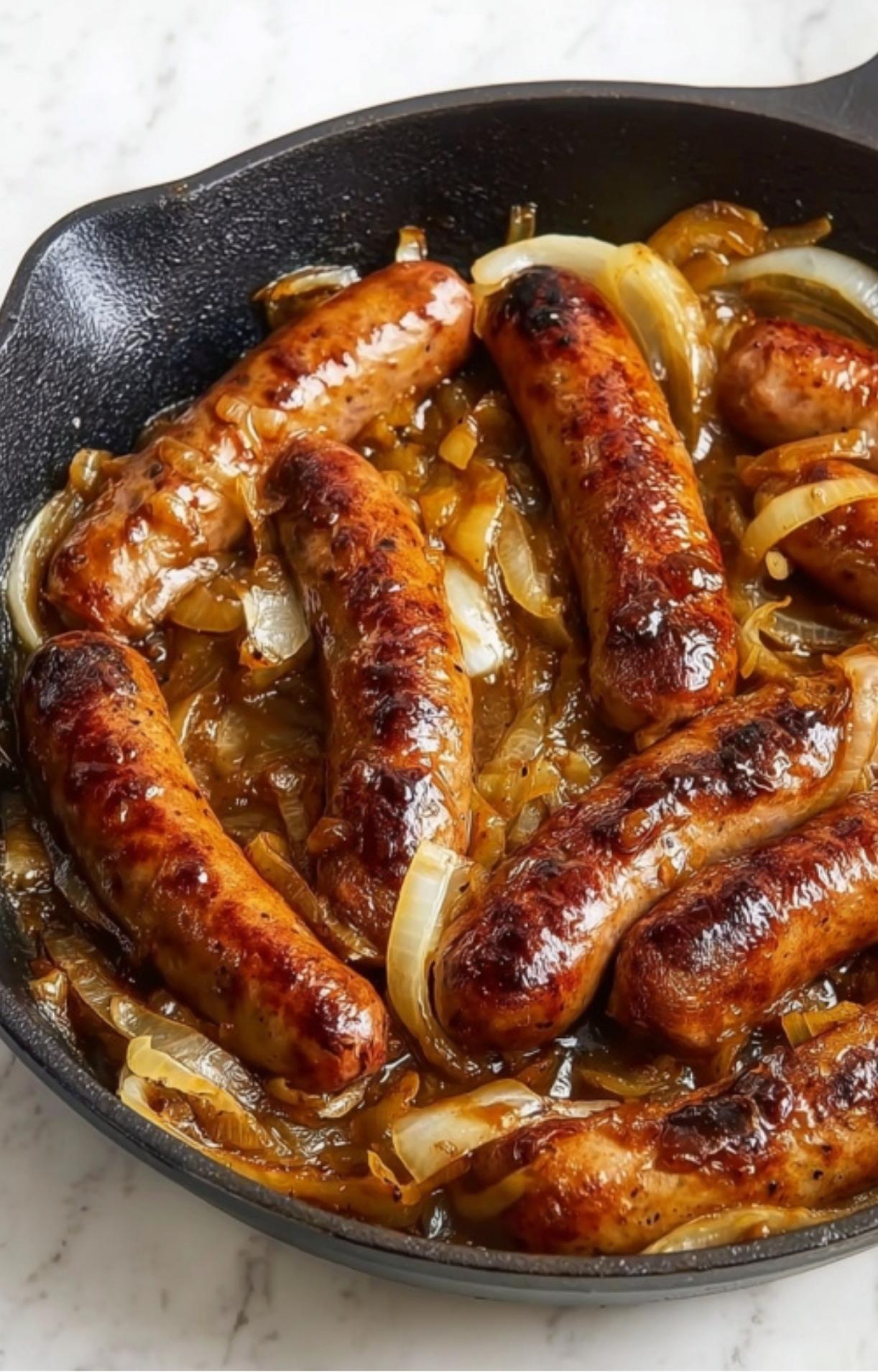 Fully cooked, dark brown beer brats simmering in a cast-iron pan with a thick, savory caramelized onion and beer gravy.