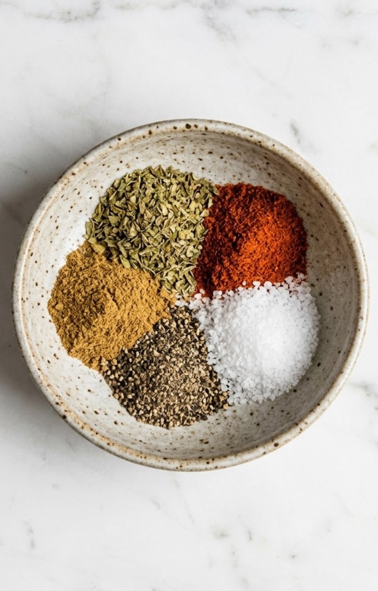A small ceramic bowl containing separate piles of chili powder, cumin, oregano, salt, and black pepper.