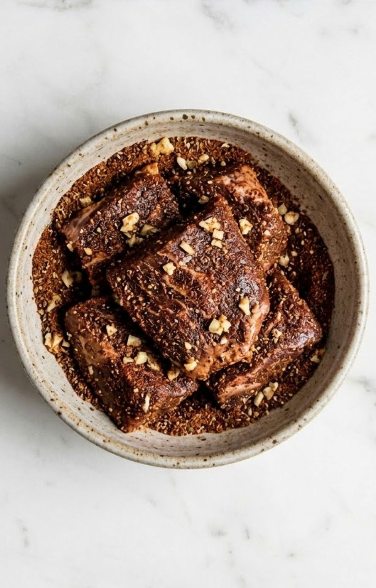 Cubes of beef cheek meat thoroughly coated in a dark spice rub and minced garlic in a bowl.