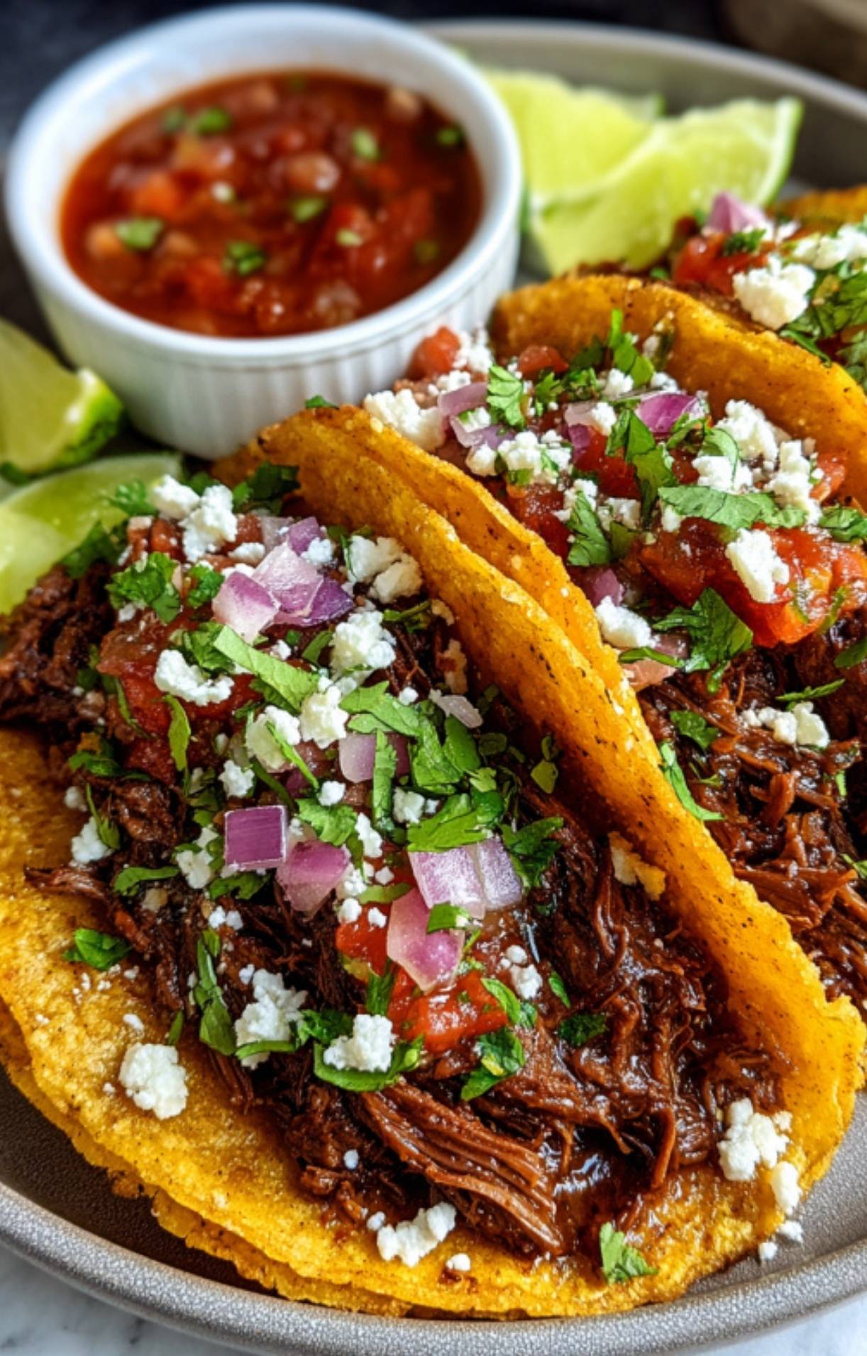 A close-up of vibrant tacos served with a side of red salsa and fresh lime wedges on a grey plate.