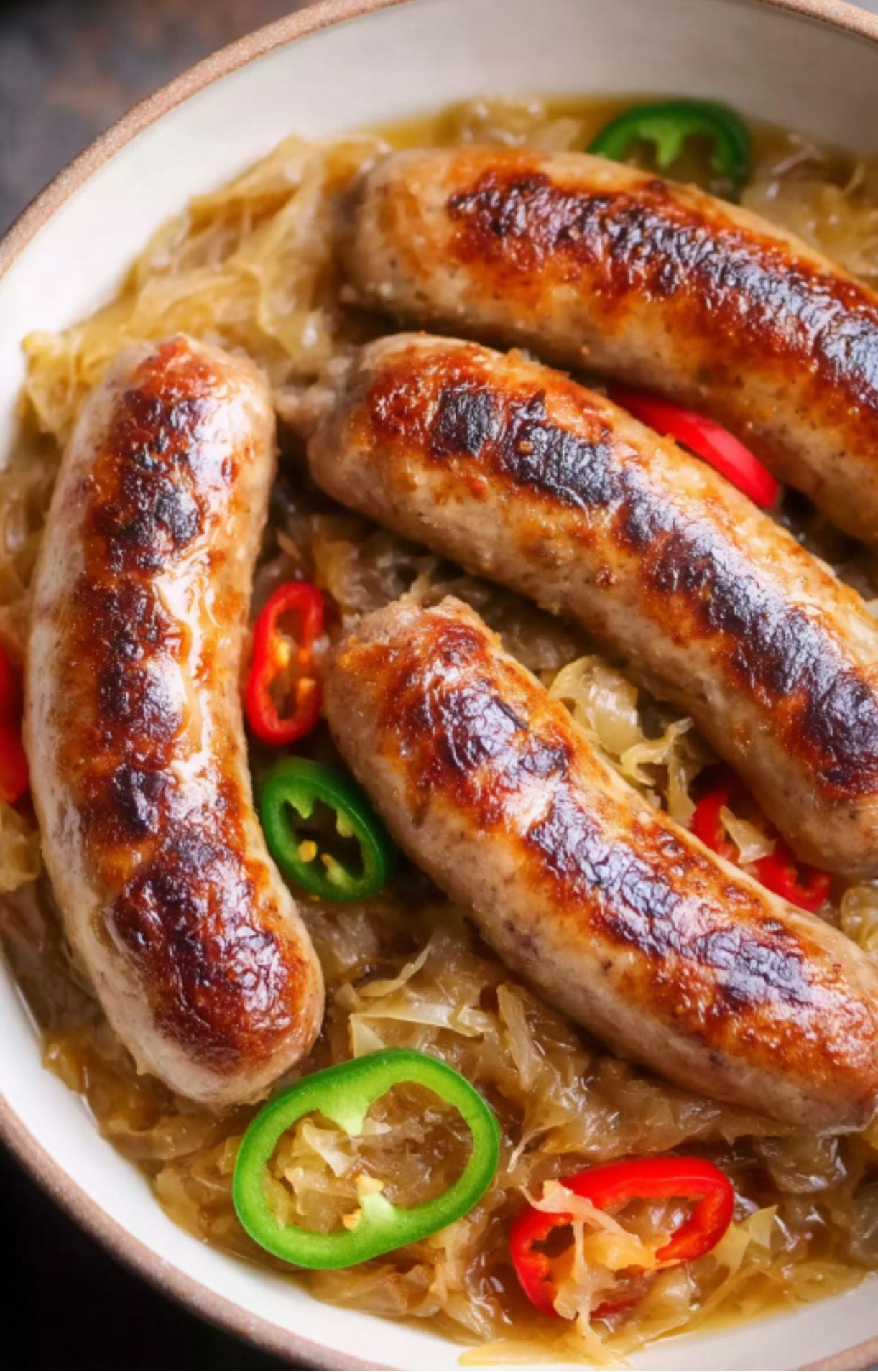 Close-up of juicy, browned beer brats served over a bed of sauerkraut with sliced red and green jalapeños.
