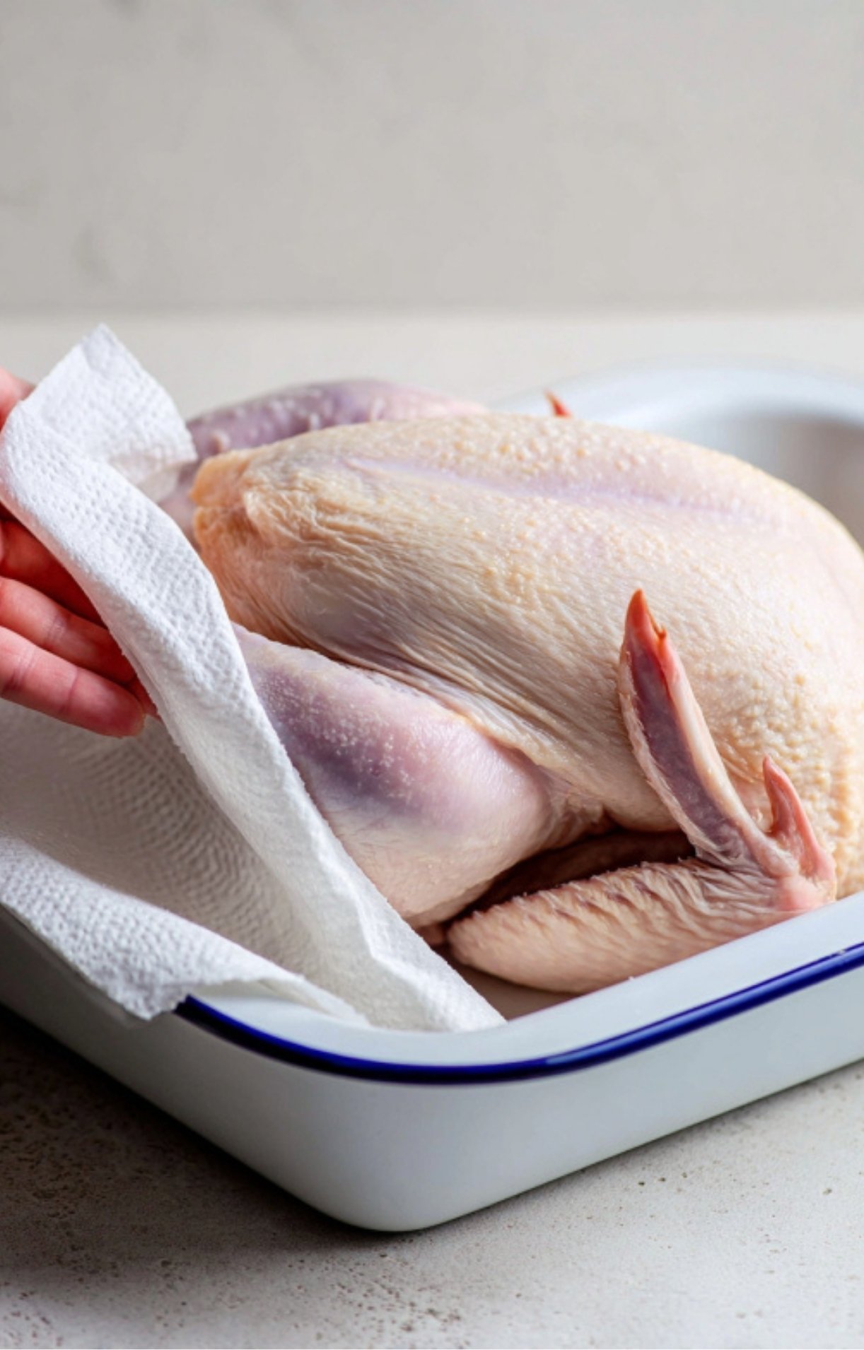 A hand using a white paper towel to pat dry a raw whole chicken in a white roasting dish to ensure crispy skin.