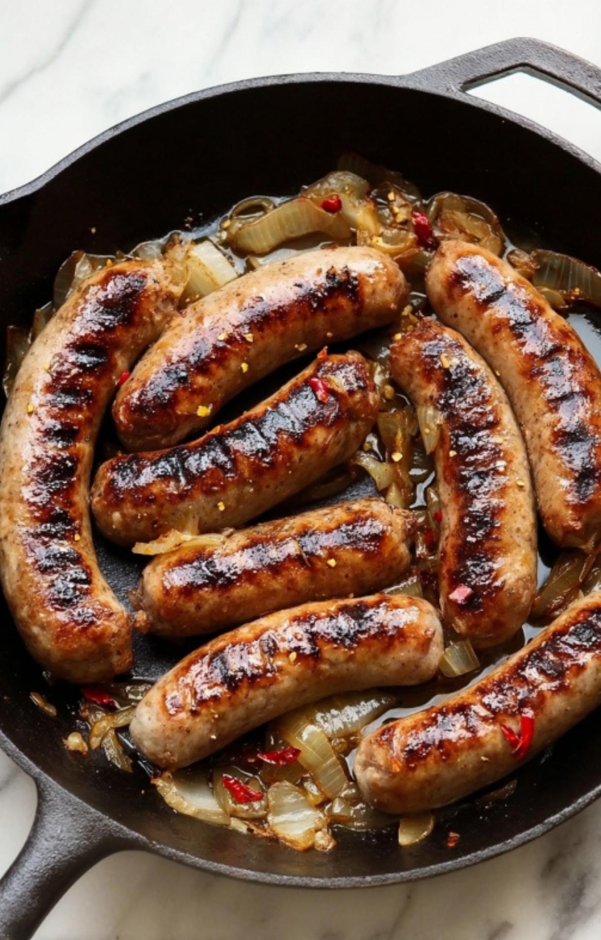 Seven juicy beer brats being seared to a golden brown with caramelized onions and red pepper flakes in a black cast iron skillet.