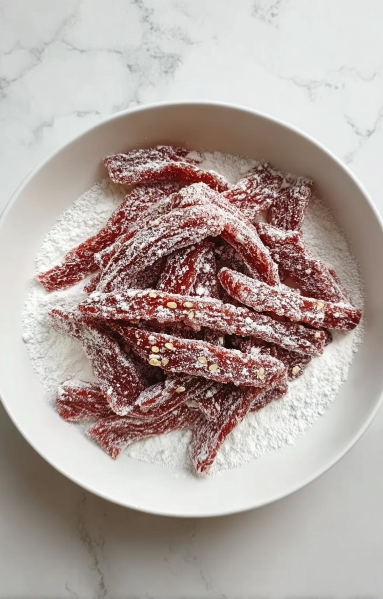Slices of raw beef being tossed and dredged in a white bowl of cornstarch and seasonings to create a crispy outer layer for Beijing Beef Noodles.