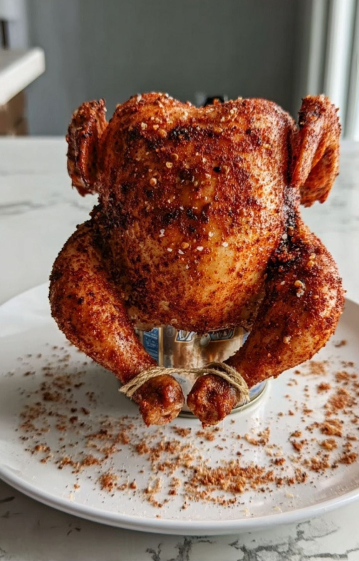 A seasoned whole chicken tied with twine and mounted on a beer can, sitting on a white plate covered in spice remnants.