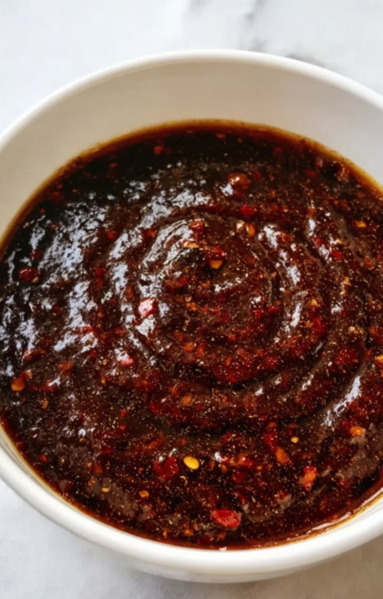 A white bowl filled with a dark, glossy Beijing Beef stir fry sauce featuring visible chili flakes and garlic.