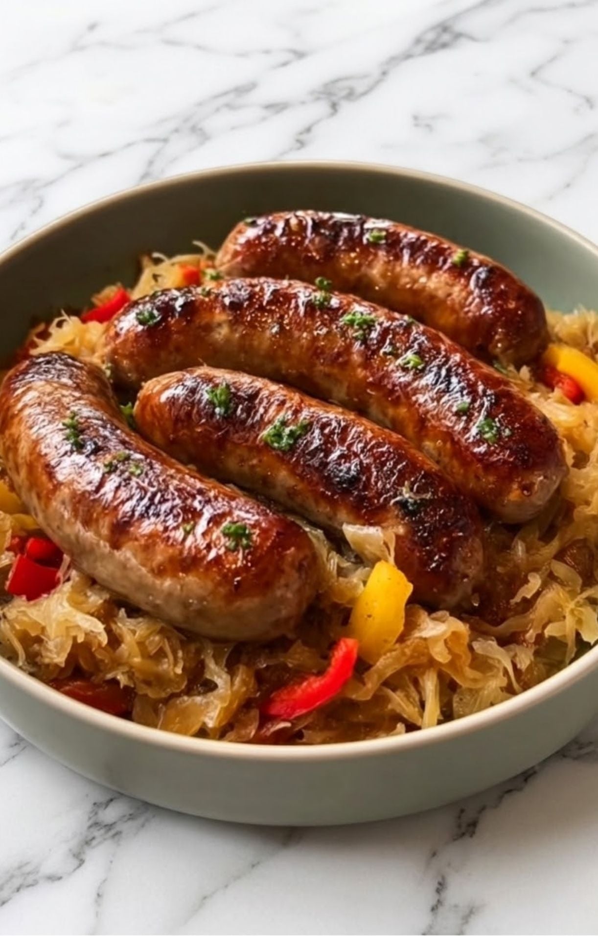 Four perfectly cooked beer brats arranged in a green serving bowl on top of sauerkraut and bell peppers.