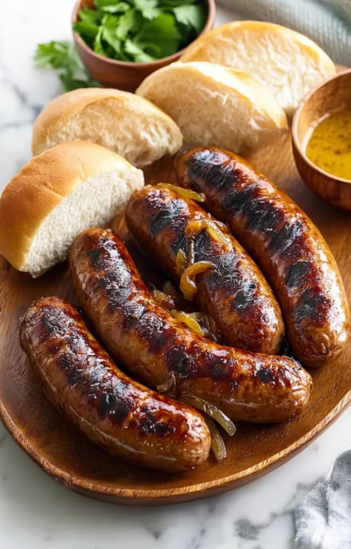 A wooden platter featuring four grilled beer brats, soft white rolls, fresh parsley, and a side of stone-ground mustard.