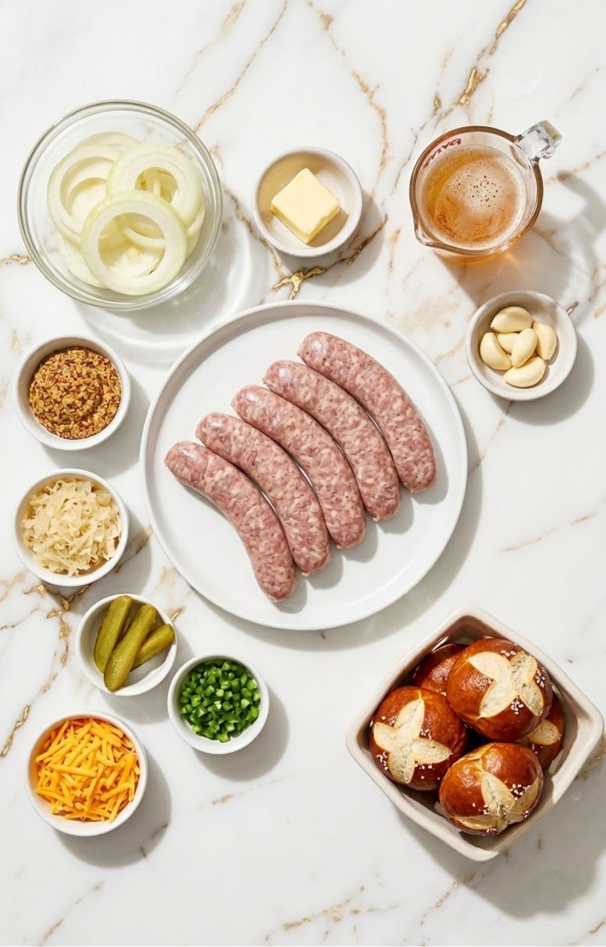 Raw bratwurst links on a white plate surrounded by bowls of sliced onions, garlic, butter, beer, sauerkraut, and pretzel buns.