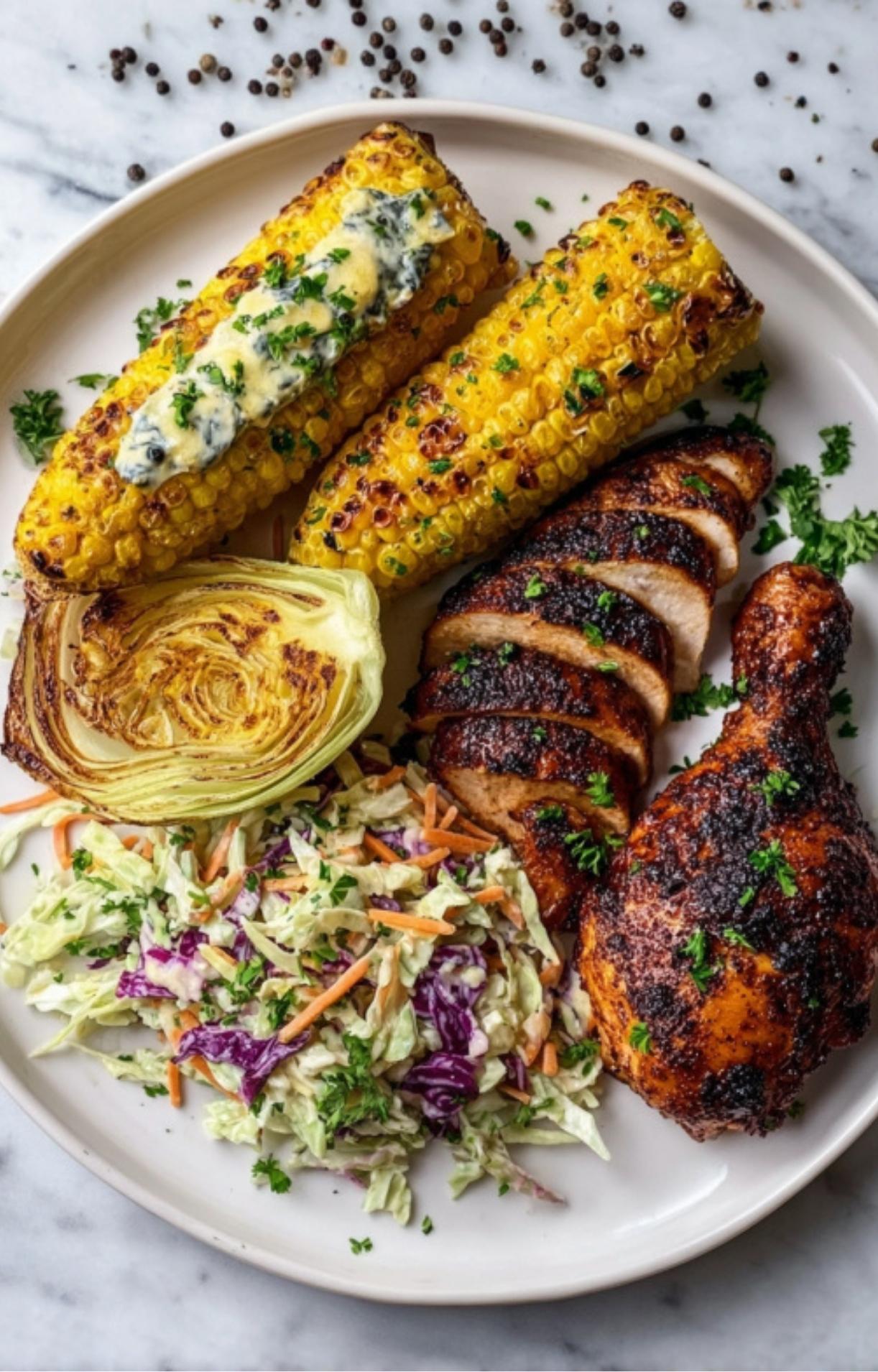 A white plate featuring sliced grilled chicken, a drumstick, two ears of corn with herb butter, a wedge of grilled cabbage, and fresh coleslaw.