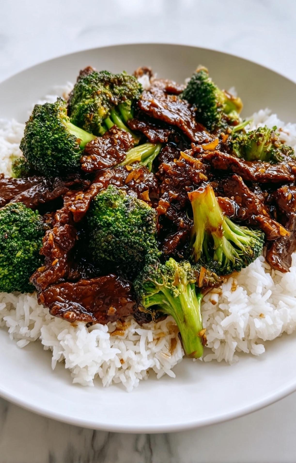 A detailed close-up shot showing the glossy sauce coating tender beef strips and bright green broccoli.