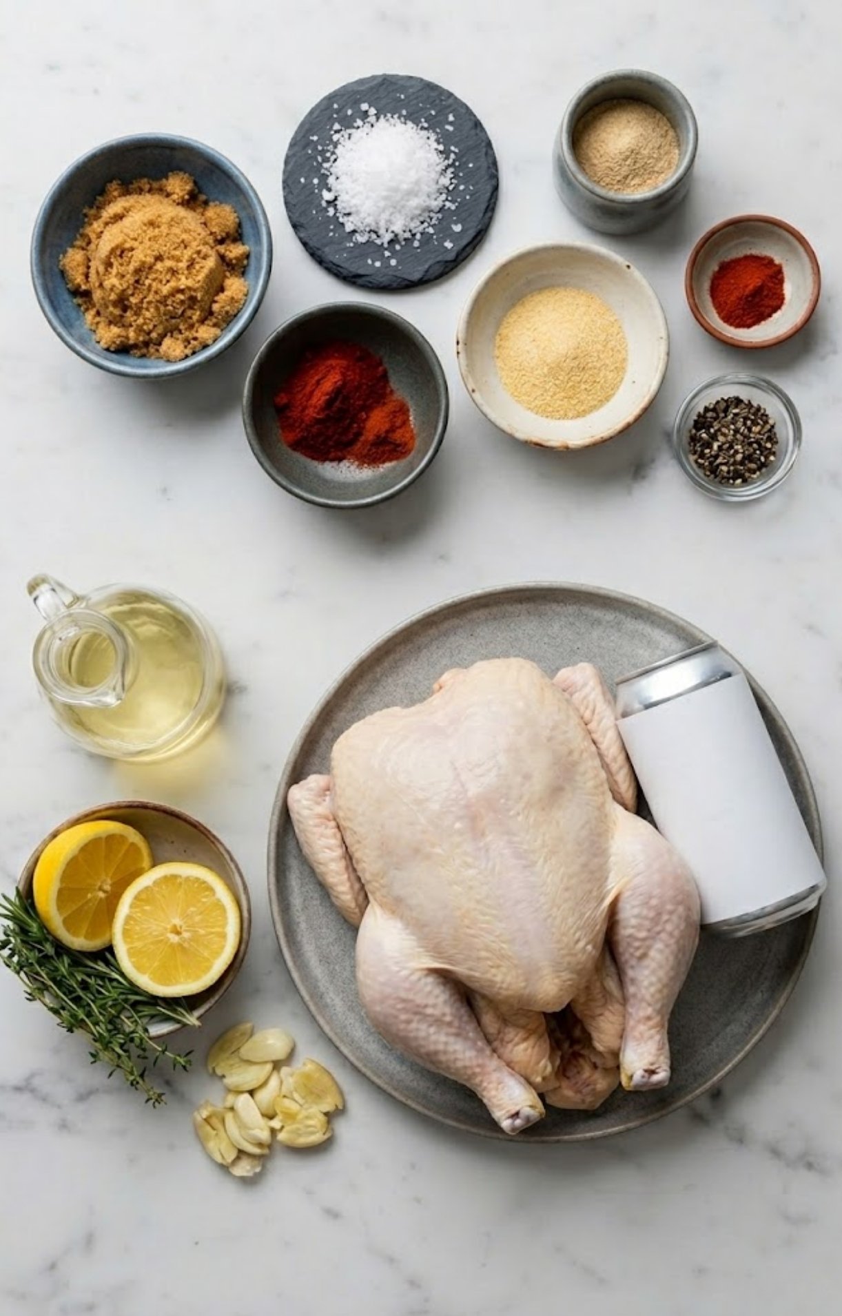 A top-down view of a raw whole chicken, a white beer can, oil, lemons, garlic, fresh herbs, and various bowls of spices including brown sugar, paprika, and salt.