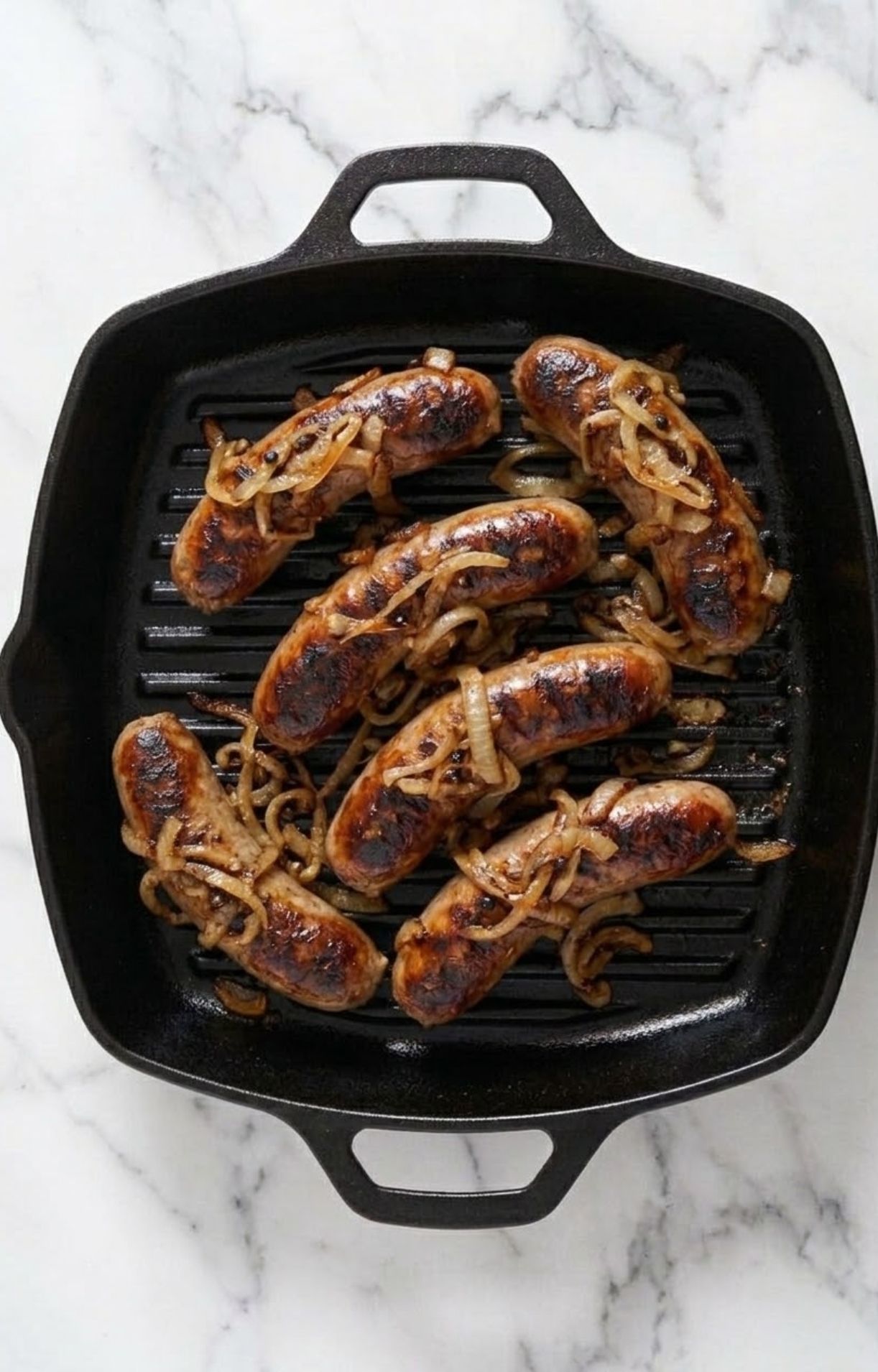 Top-down view of six charred beer-boiled brats being seared in a black cast-iron grill pan with caramelized onions.