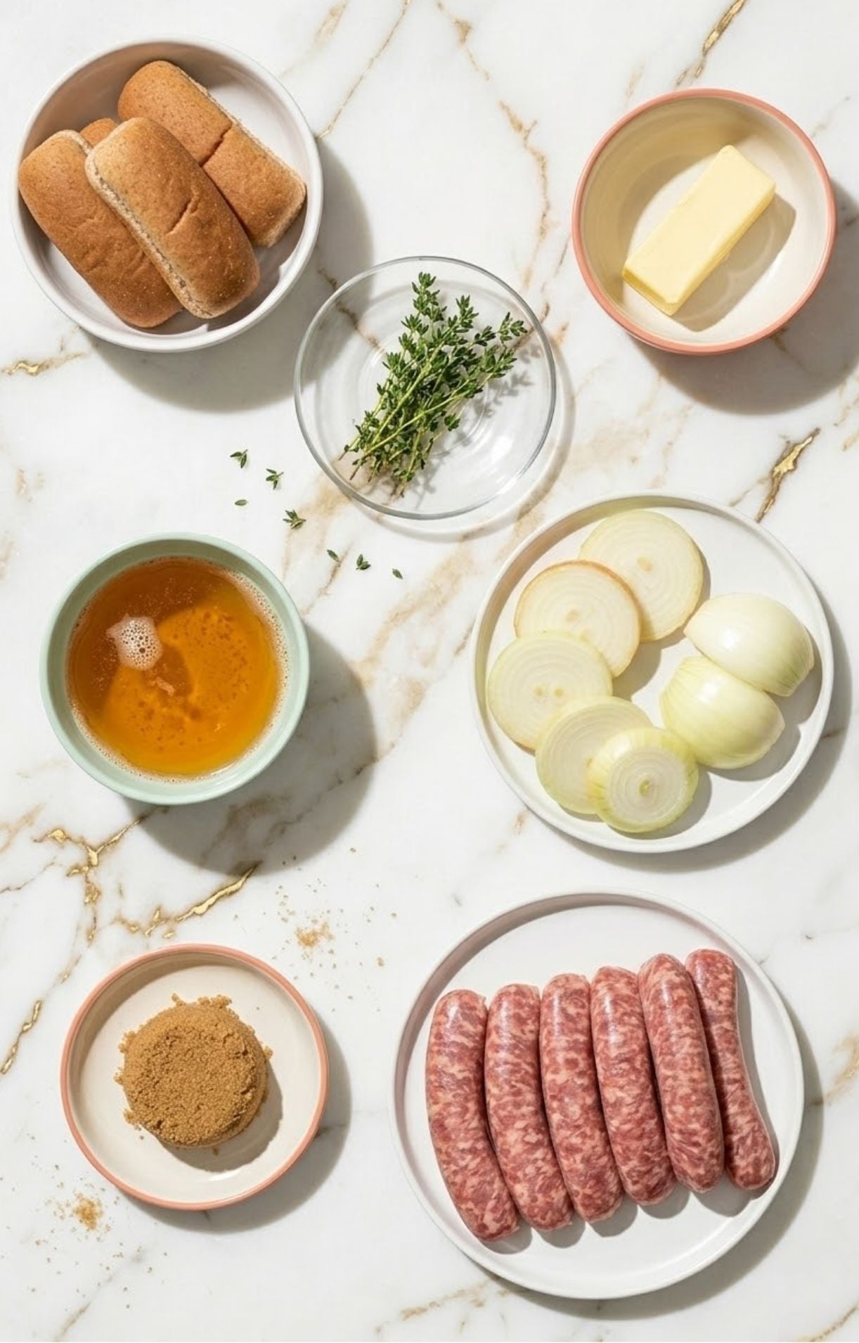 A flat-lay photo of bratwurst ingredients including raw sausages, sliced onions, a bowl of beer, brown sugar, butter, fresh thyme, and buns on a marble surface.