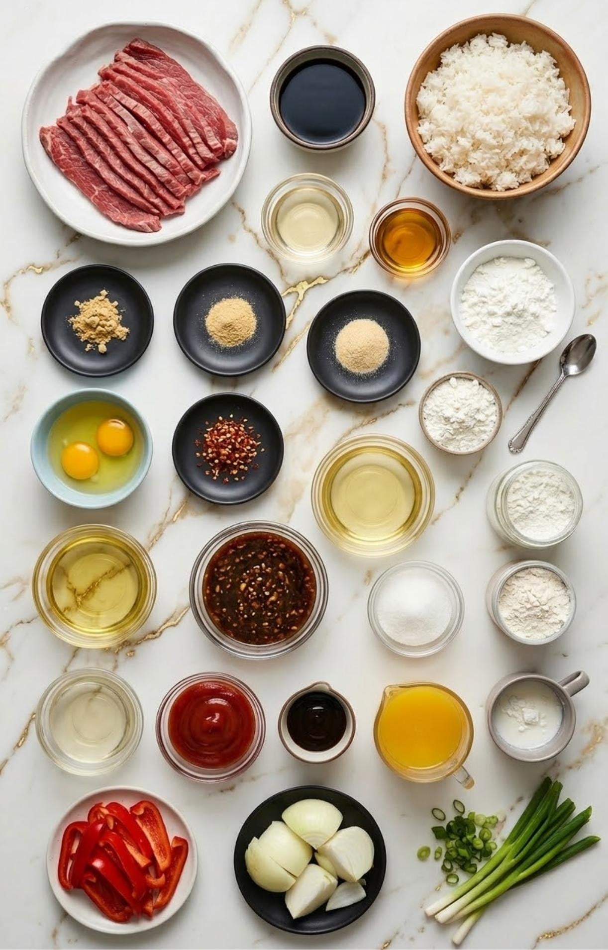 A flat lay of all recipe ingredients including sliced steak, rice, soy sauce, eggs, flour, bell peppers, onions, and various spices.
