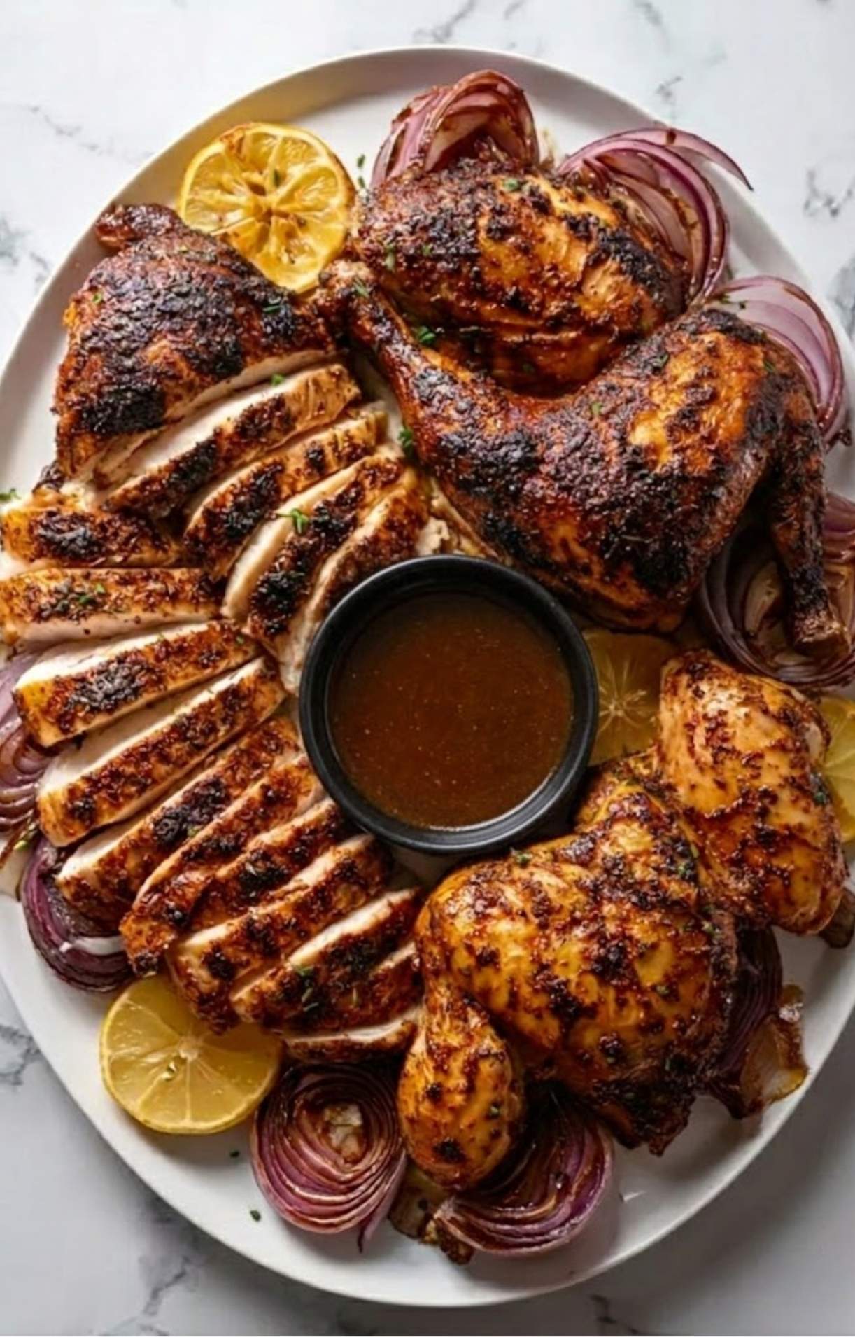 A white platter featuring sliced chicken breast and drumsticks served with grilled red onions, charred lemons, and a side of barbecue dipping sauce.