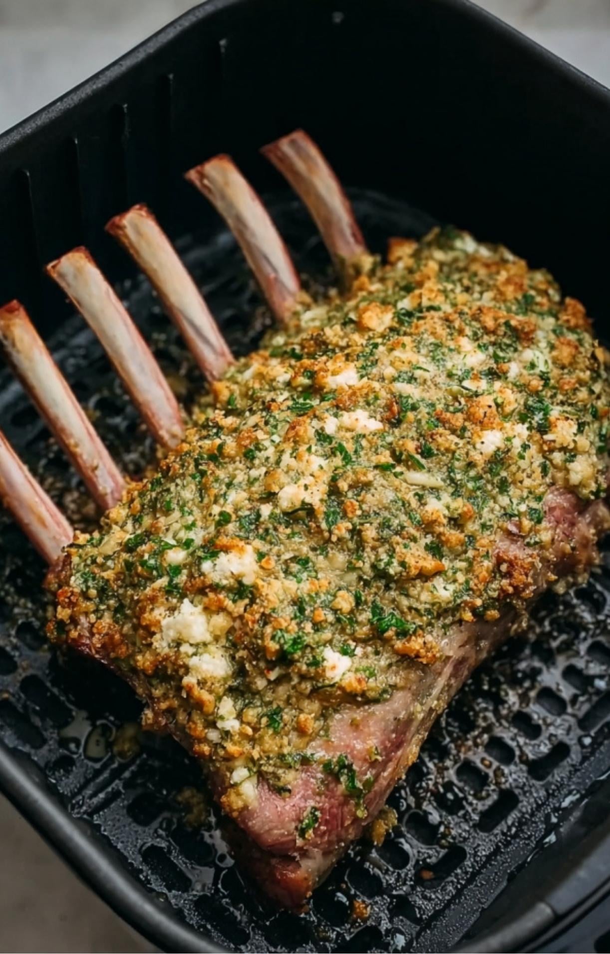 A whole rack of lamb with a fresh herb and breadcrumb coating sitting inside a black air fryer basket.
